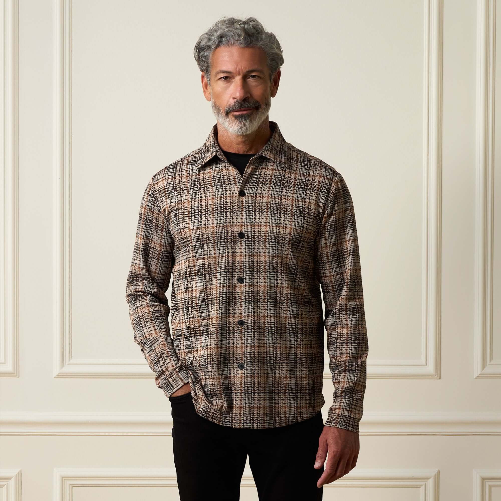 Bold Pattern Jacquard Button Down Shirt in Dark Khaki