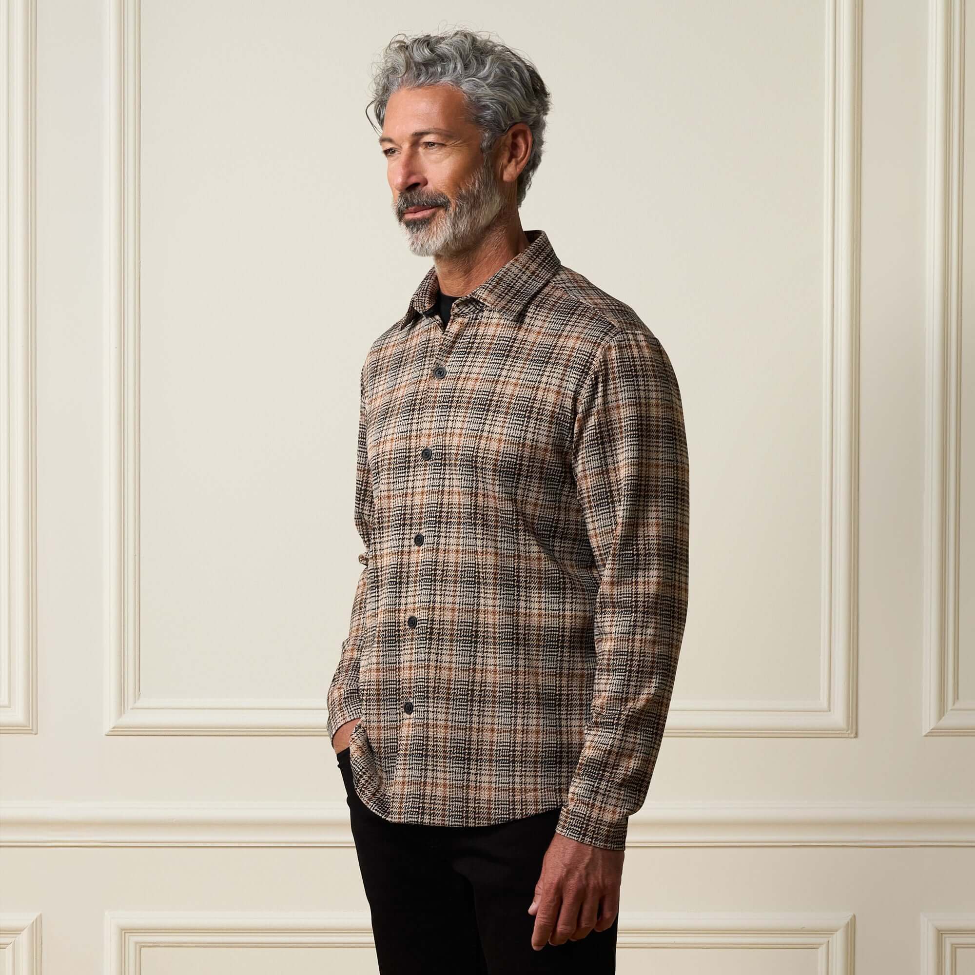 Bold Pattern Jacquard Button Down Shirt in Dark Khaki - Image 2