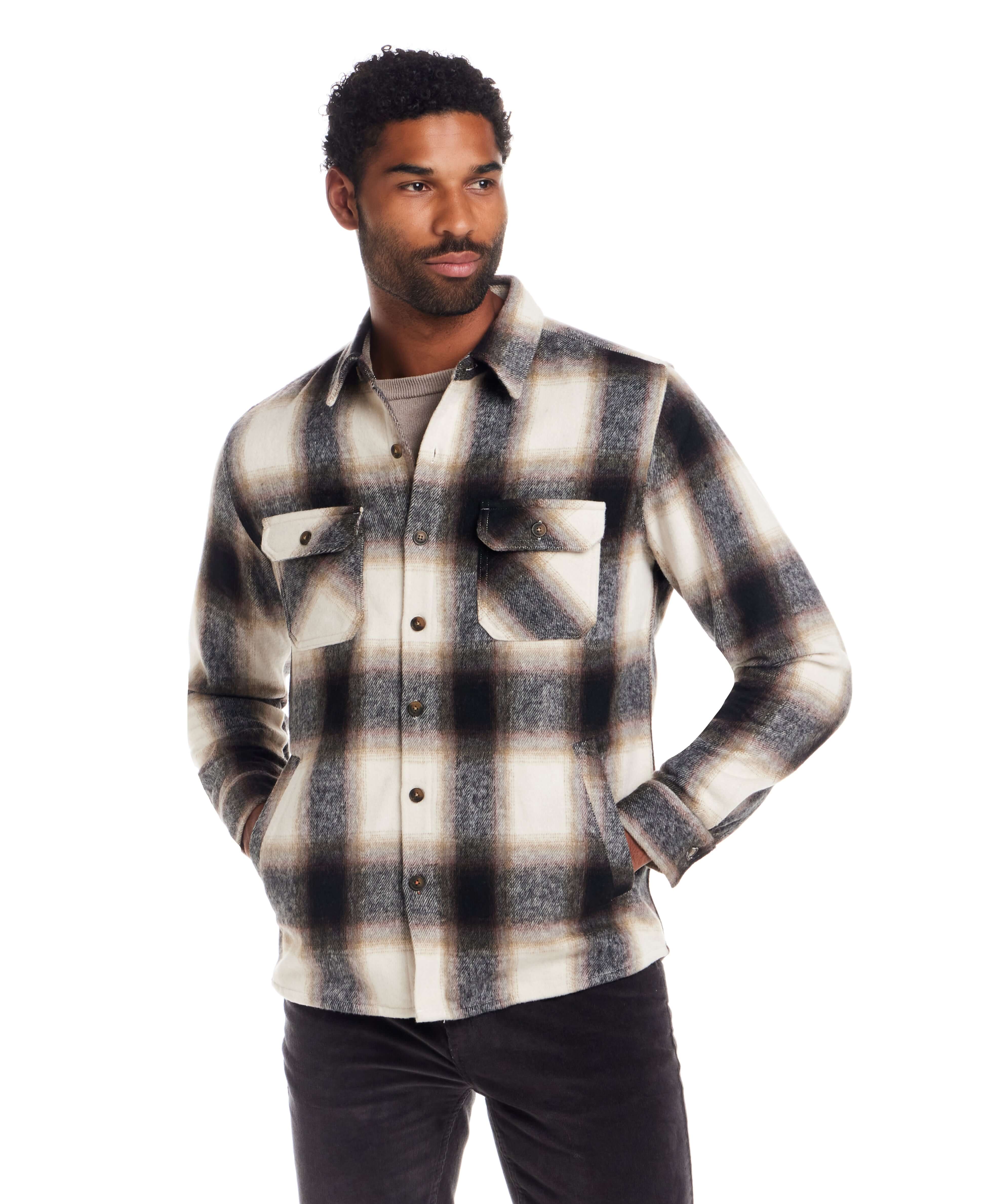 Brushed Unlined Plaid Shirt Jacket in Chocolate Cream - Image 2