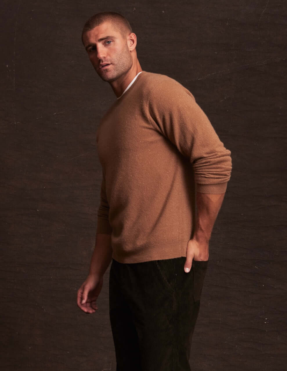 Cashmere Textured Crew in Camel Donegal - Image 4