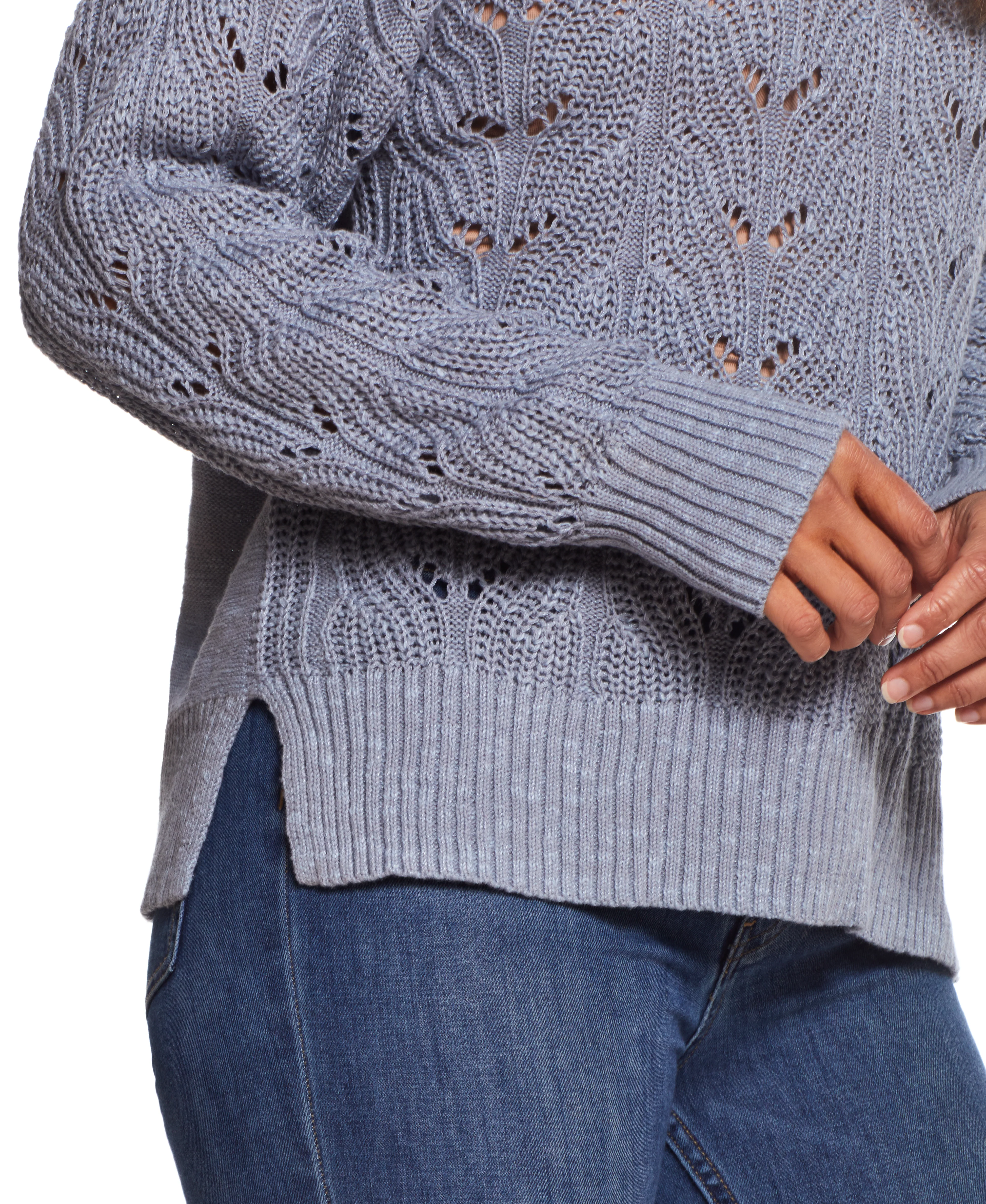 Ladies Pointelle Mock-Neck Sweater In Dusty Blue - Image 3