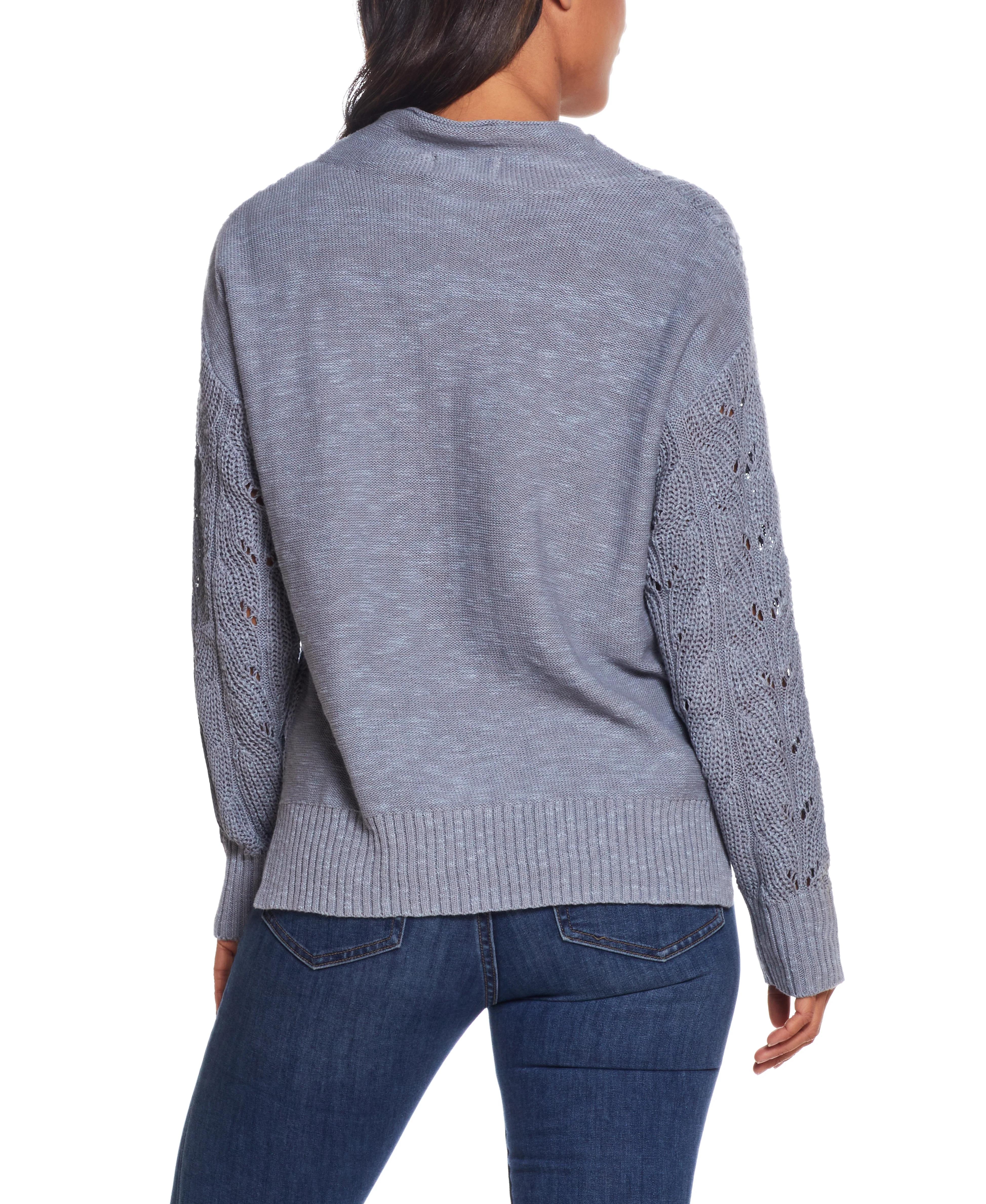 Ladies Pointelle Mock-Neck Sweater In Dusty Blue - Image 4