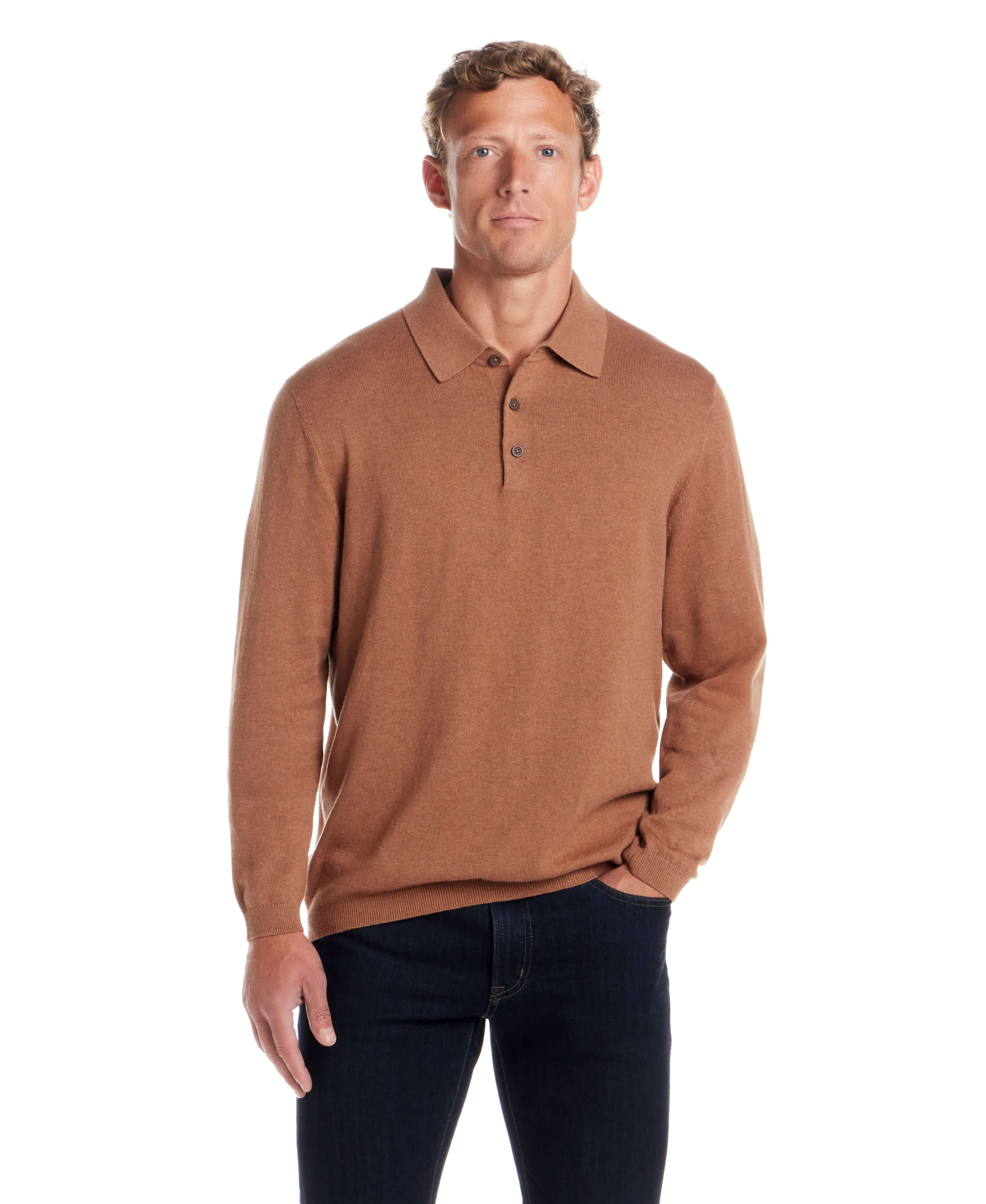 Cotton Cashmere Long Sleeve Polo in Camel