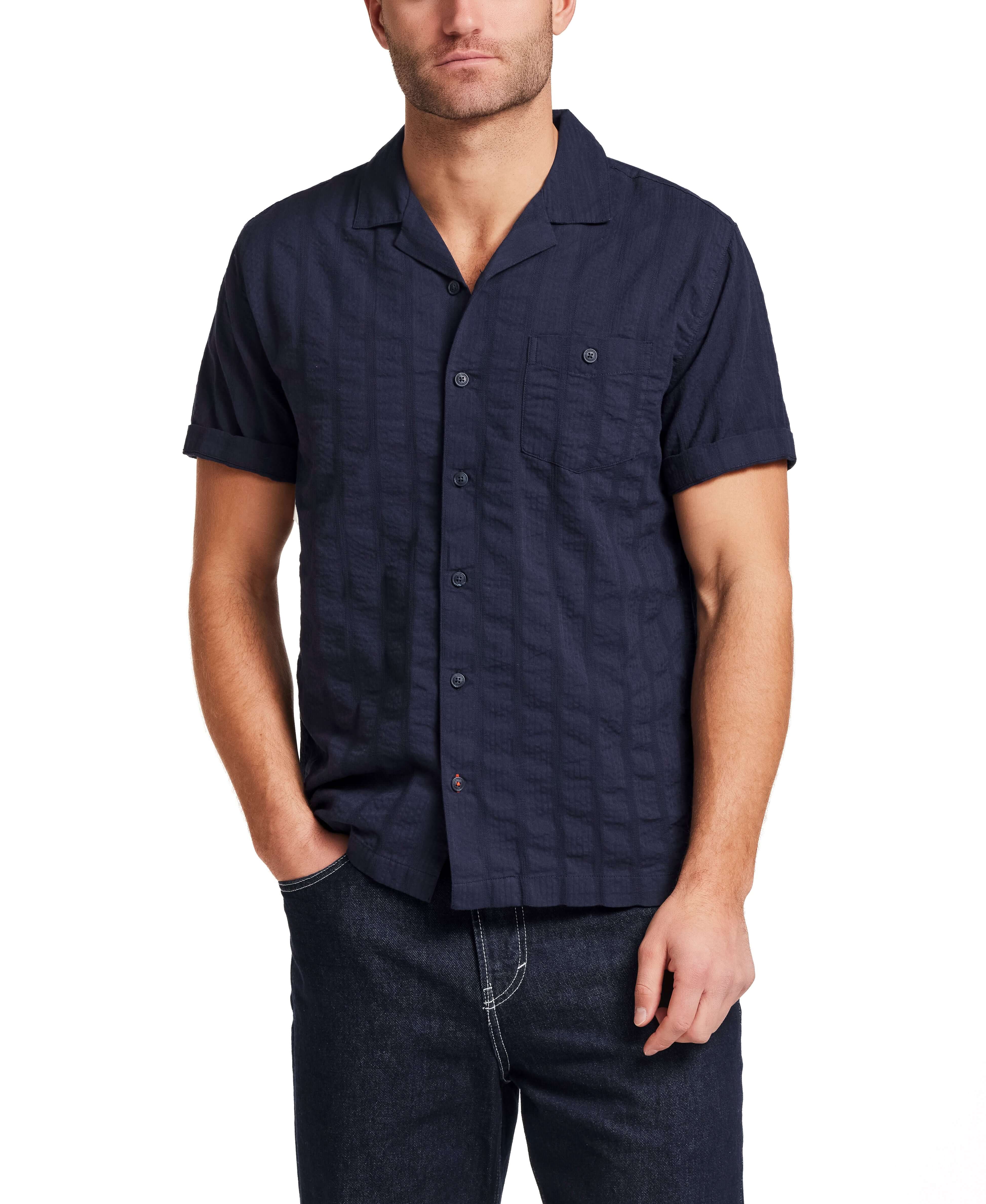 Cotton Dobby Seersucker Shirt in Maritime Blue - Image 3