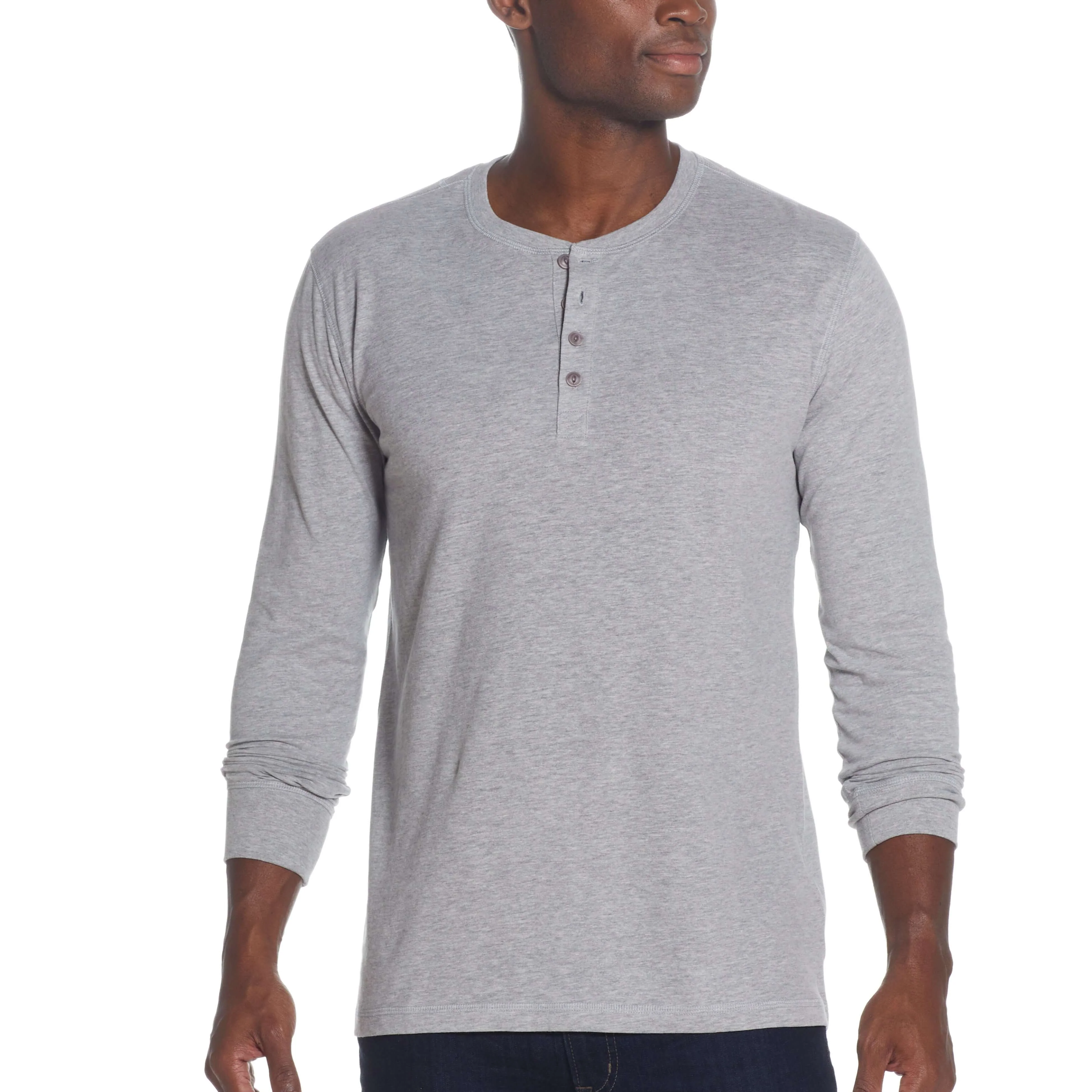 Long Sleeve Brushed Jersey Henley In Light Grey Heather - Image 3