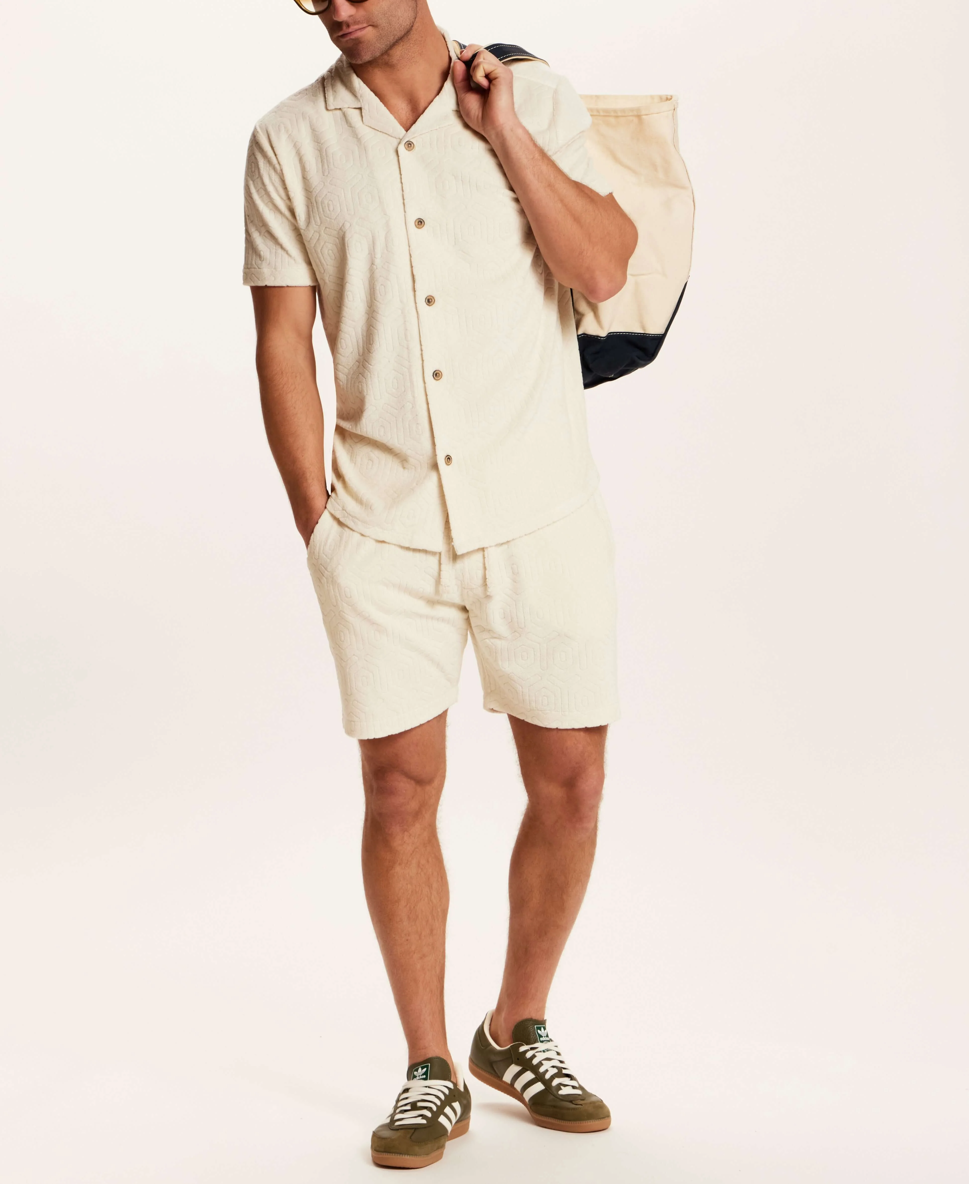 Geometric Terry Drawstring Short in Stone - Image 2