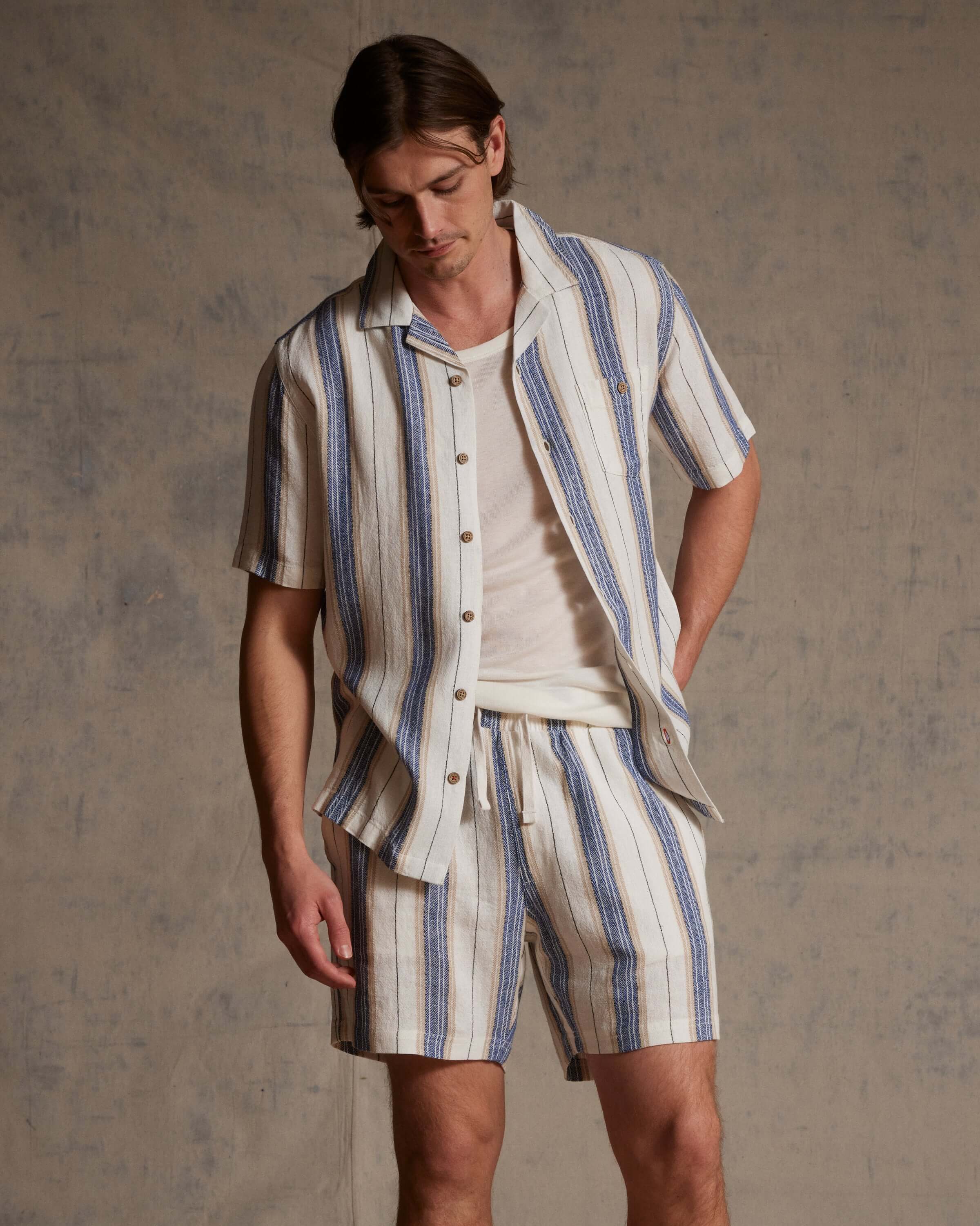 Linen Blend Vertical Stripe Shorts in Blue White Stripe