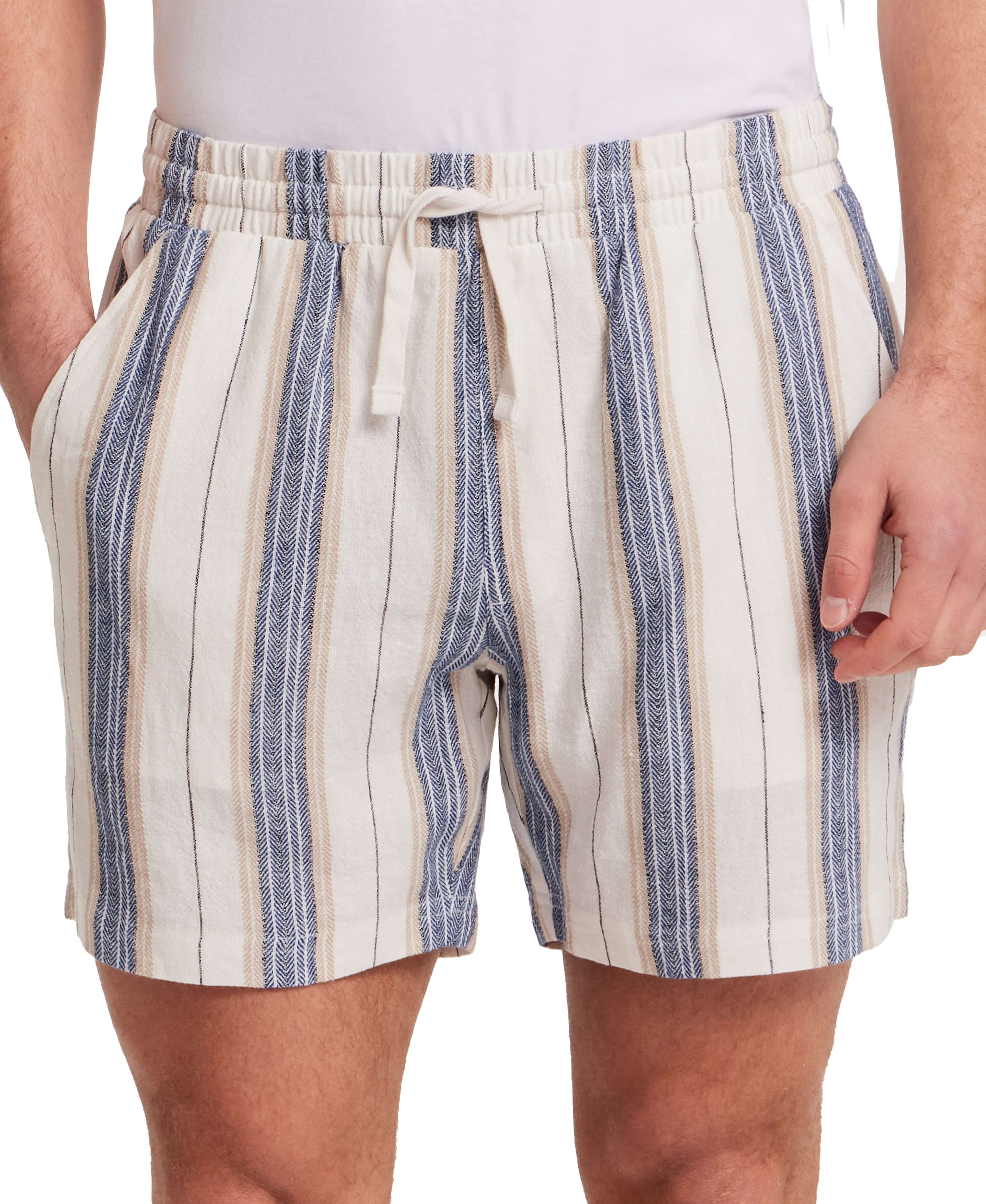 Linen Blend Vertical Stripe Shorts in Blue White Stripe - Image 2