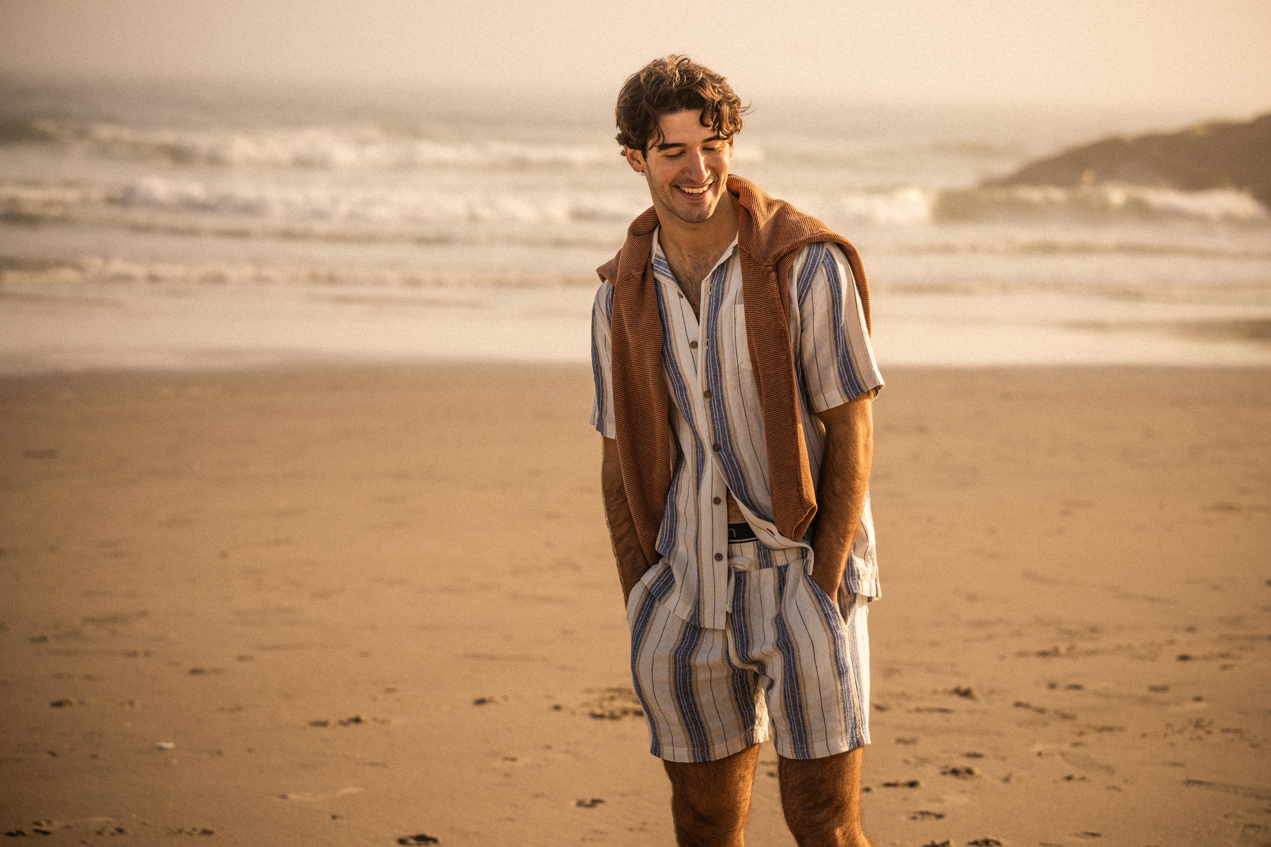 Linen Rayon Stripe Camp Shirt in Blue & White Stripe