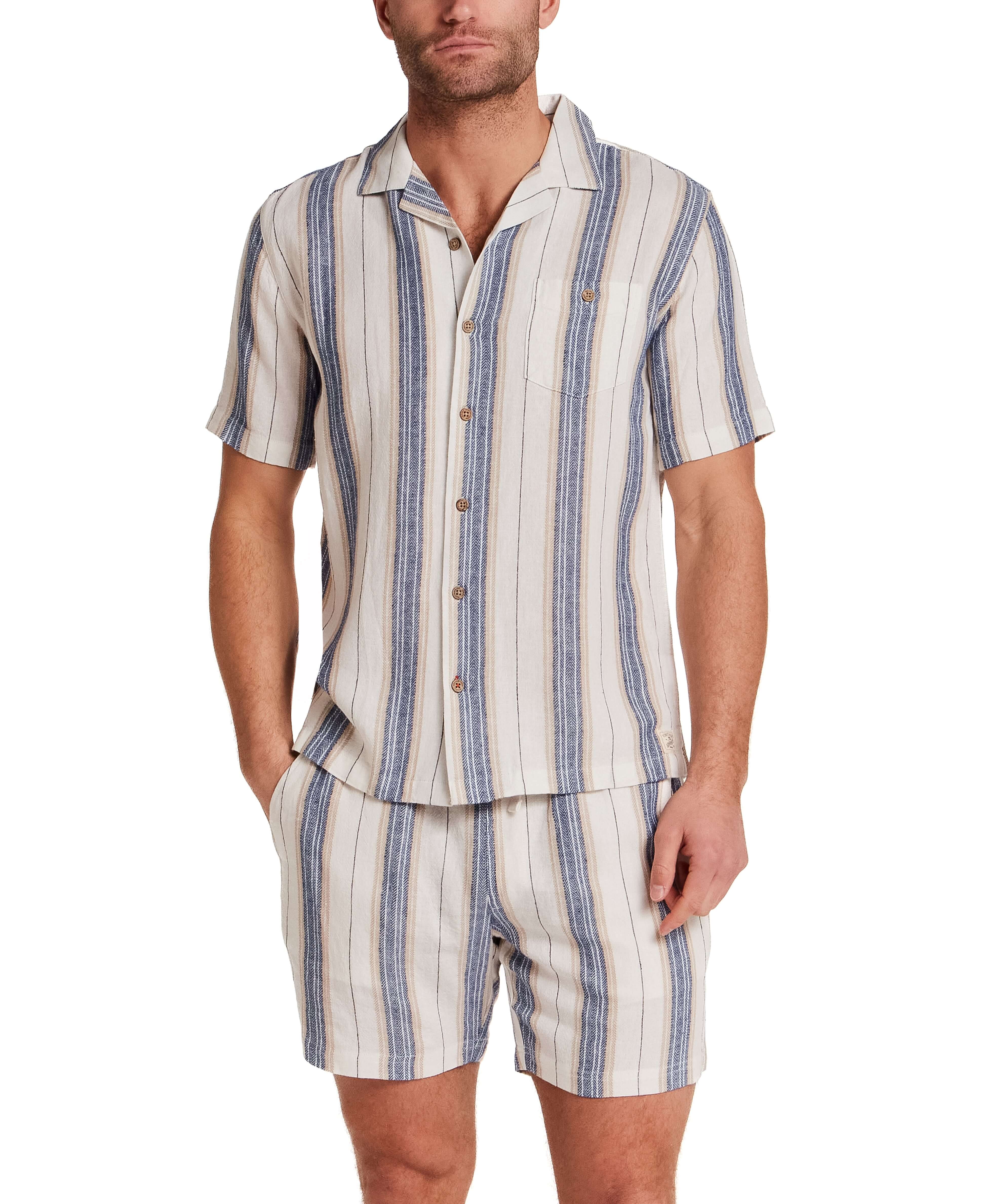 Linen Rayon Stripe Camp Shirt in Blue & White Stripe - Image 4