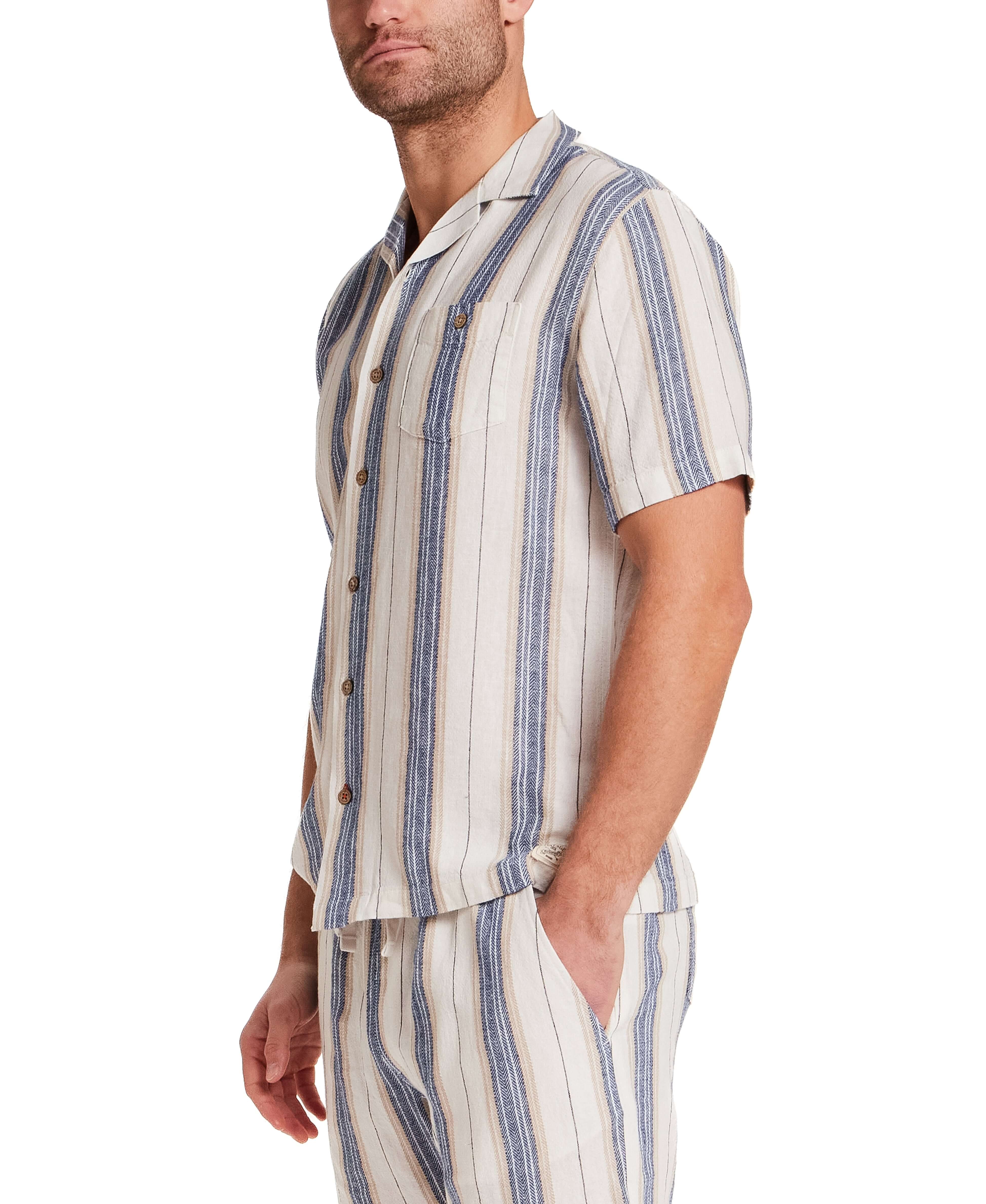 Linen Rayon Stripe Camp Shirt in Blue & White Stripe - Image 7