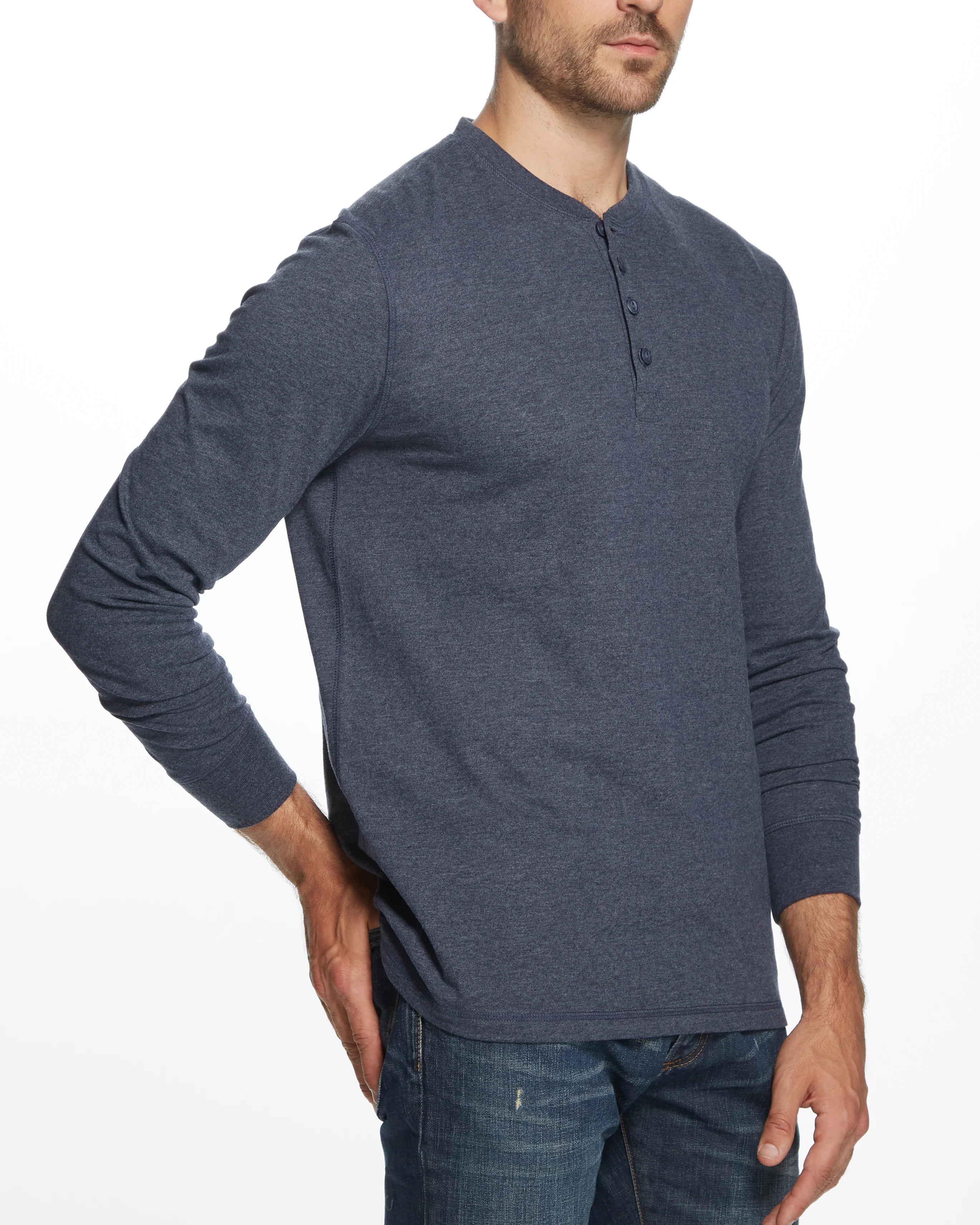Long Sleeve Brushed Jersey Henley In Maritime Blue - Image 3