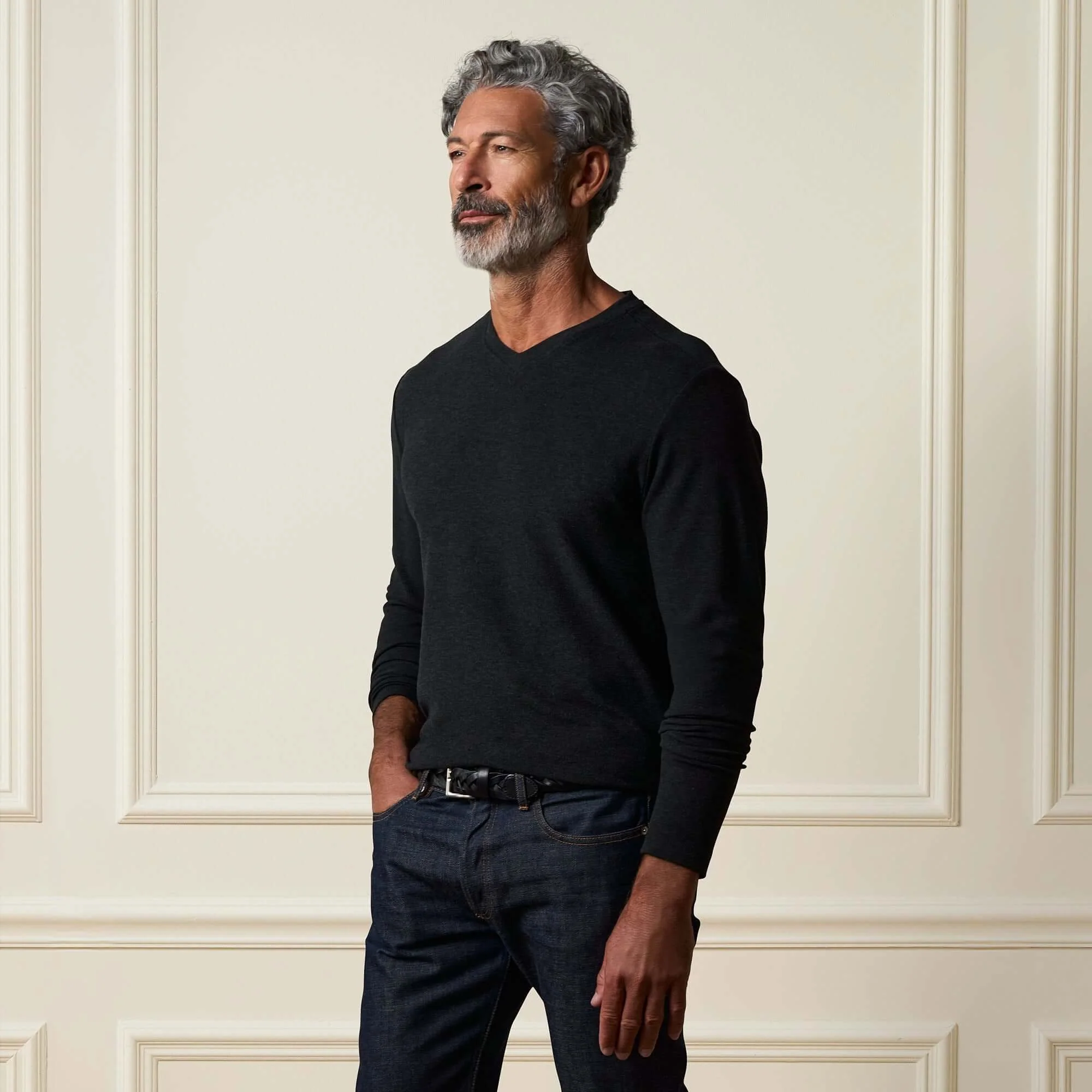 Long Sleeve Brushed V-Neck in Charcoal - Image 4
