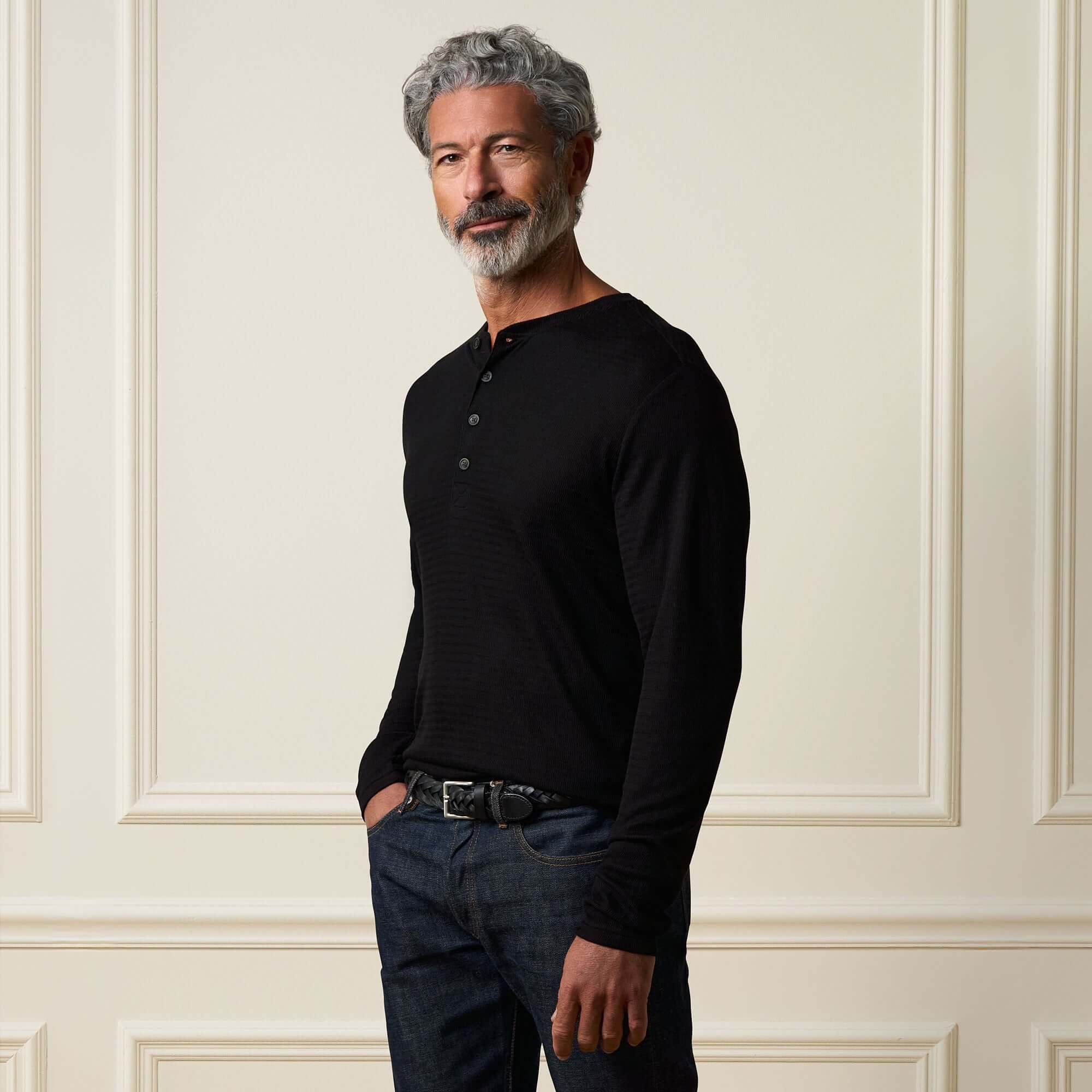 Long Sleeve Crinkle Henley in Black - Image 3