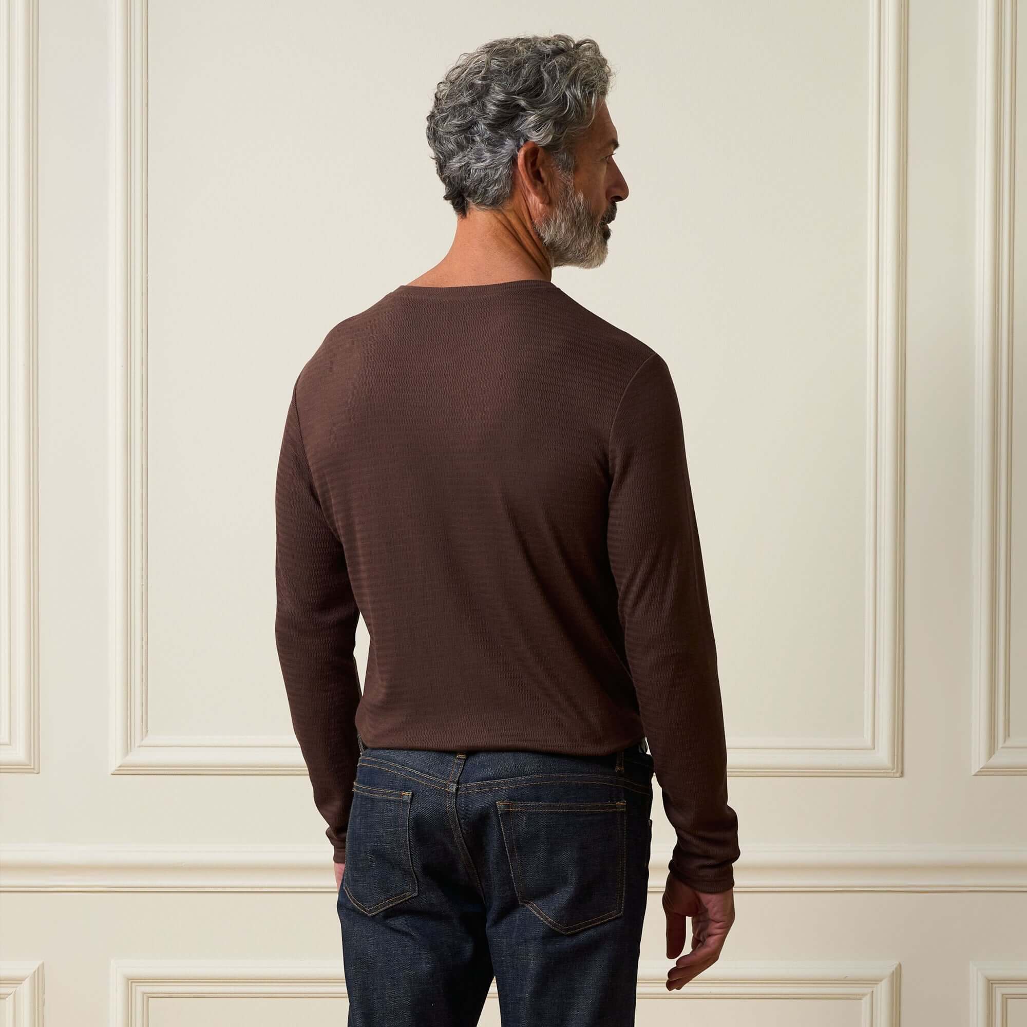 Long Sleeve Crinkle Henley in Brown - Image 4