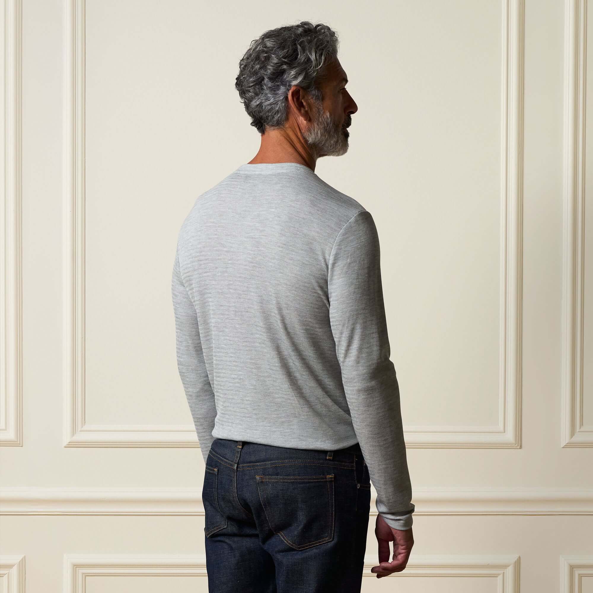Long Sleeve Crinkle Henley in Grey Heather - Image 3