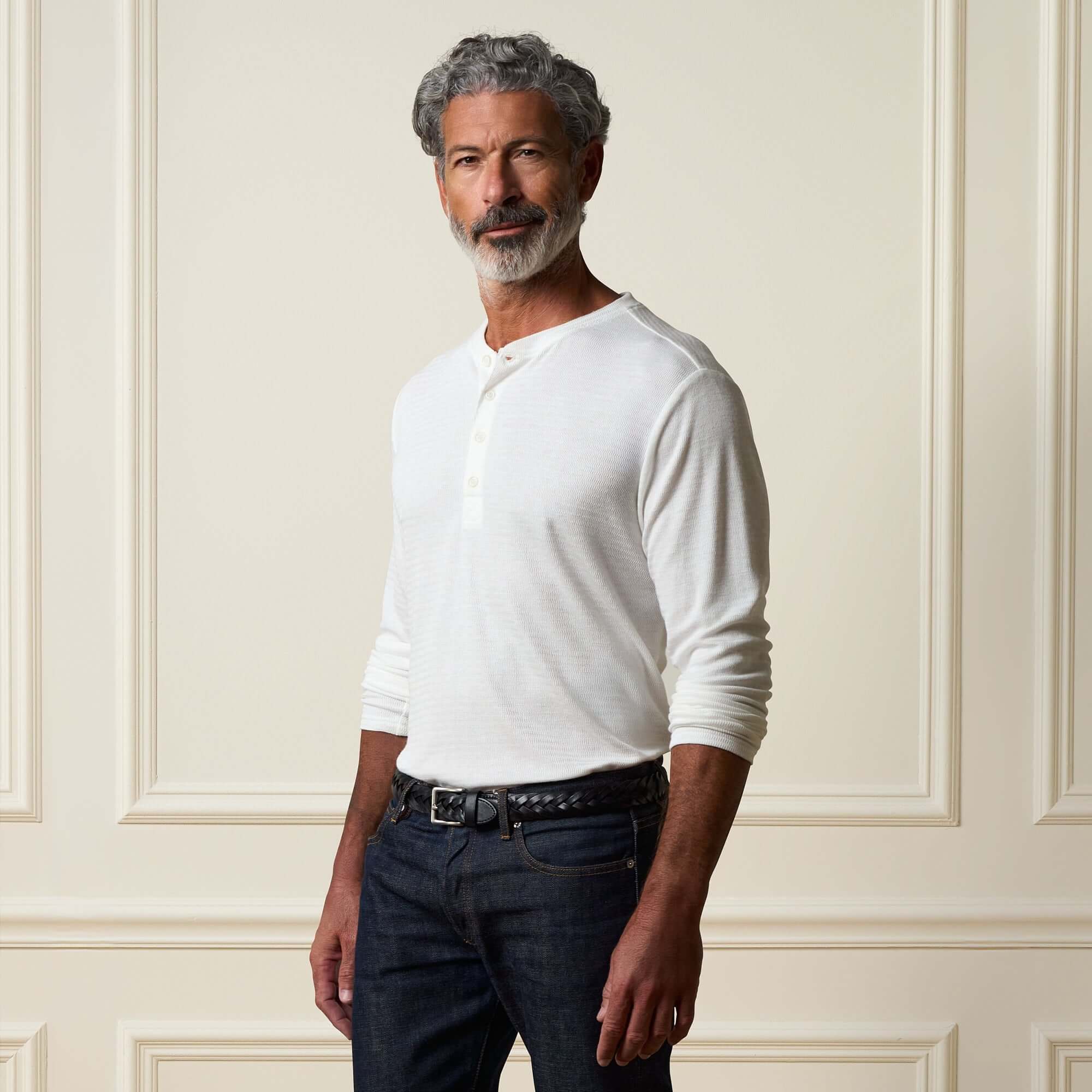 Long Sleeve Crinkle Henley in White - Image 3