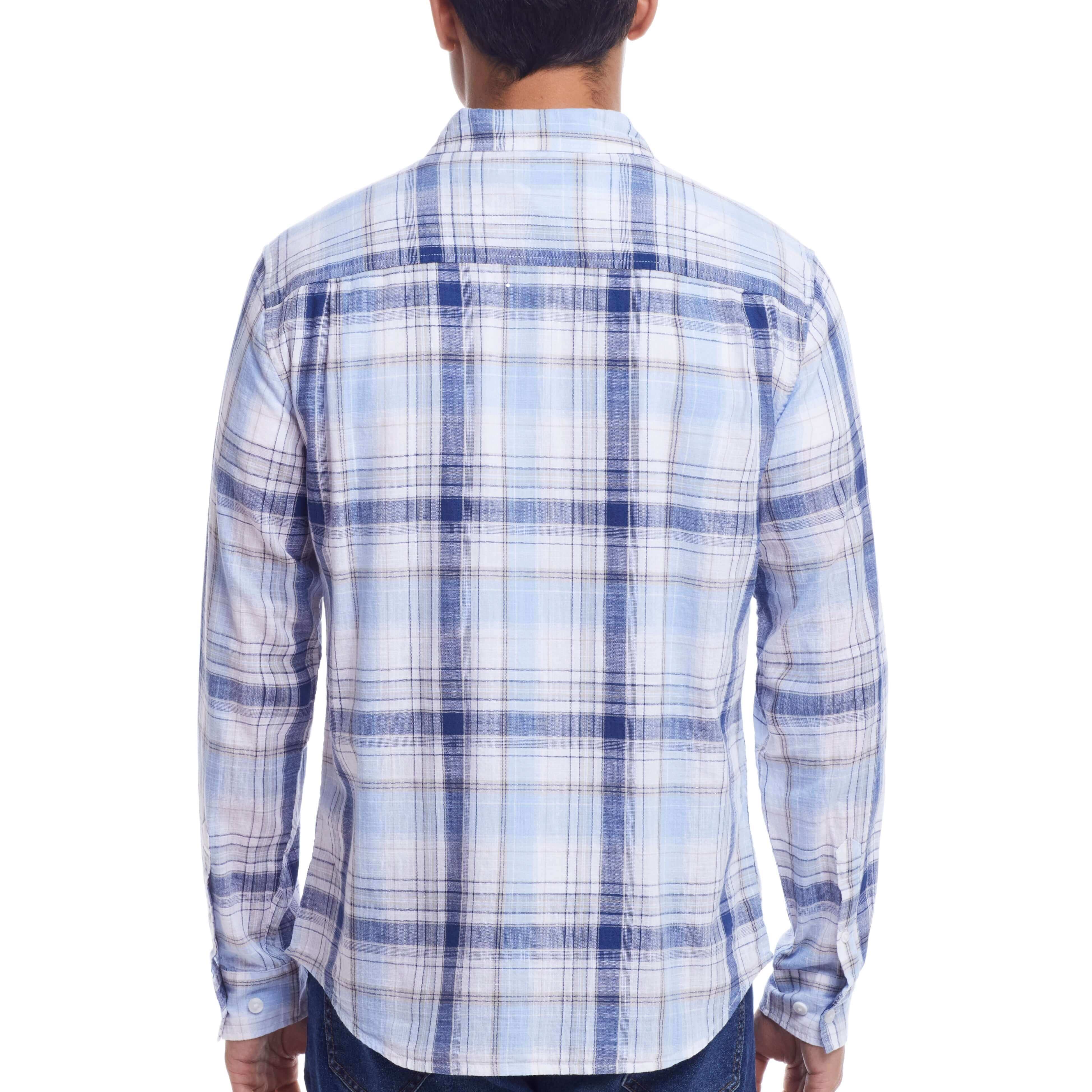 Long Sleeve "Faux Linen" Plaid Button Down in Ice Blue - Image 3