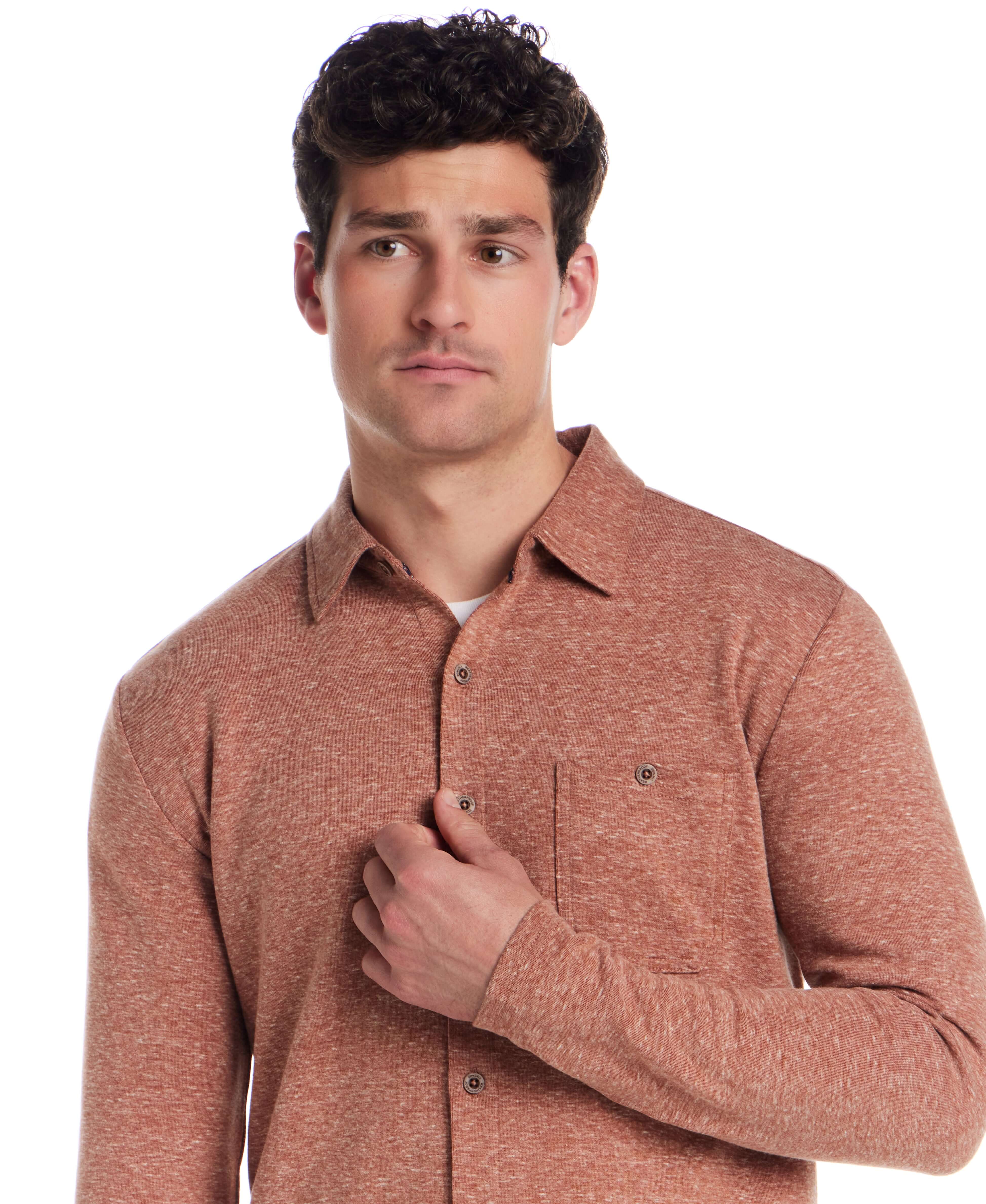 Long Sleeve Heathered Coatfront Knit in Ginger - Image 4