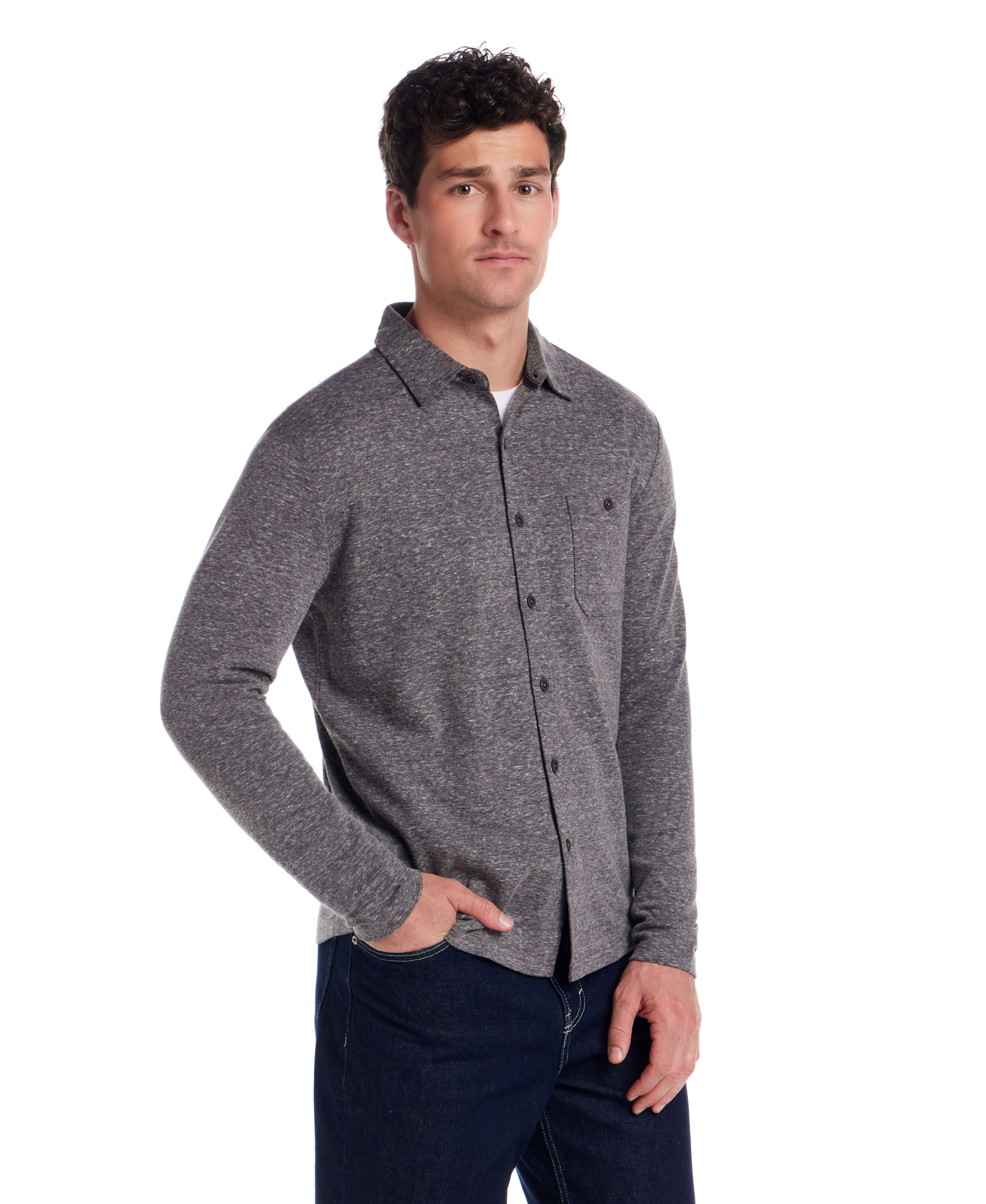 Long Sleeve Heathered Coatfront Knit in Moonless Night - Image 4