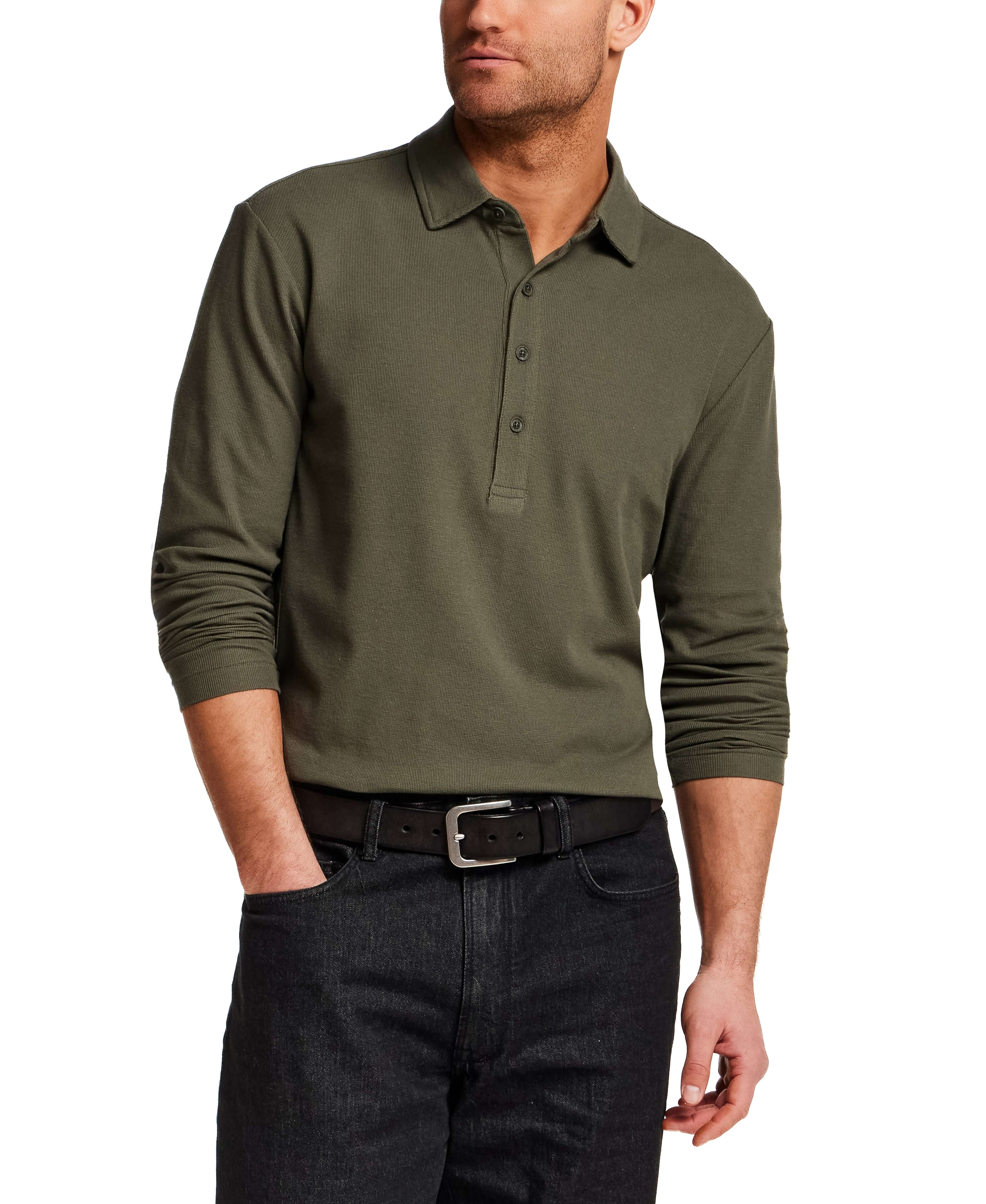 Long Sleeve Mini Waffle Polo in Olive - Image 3