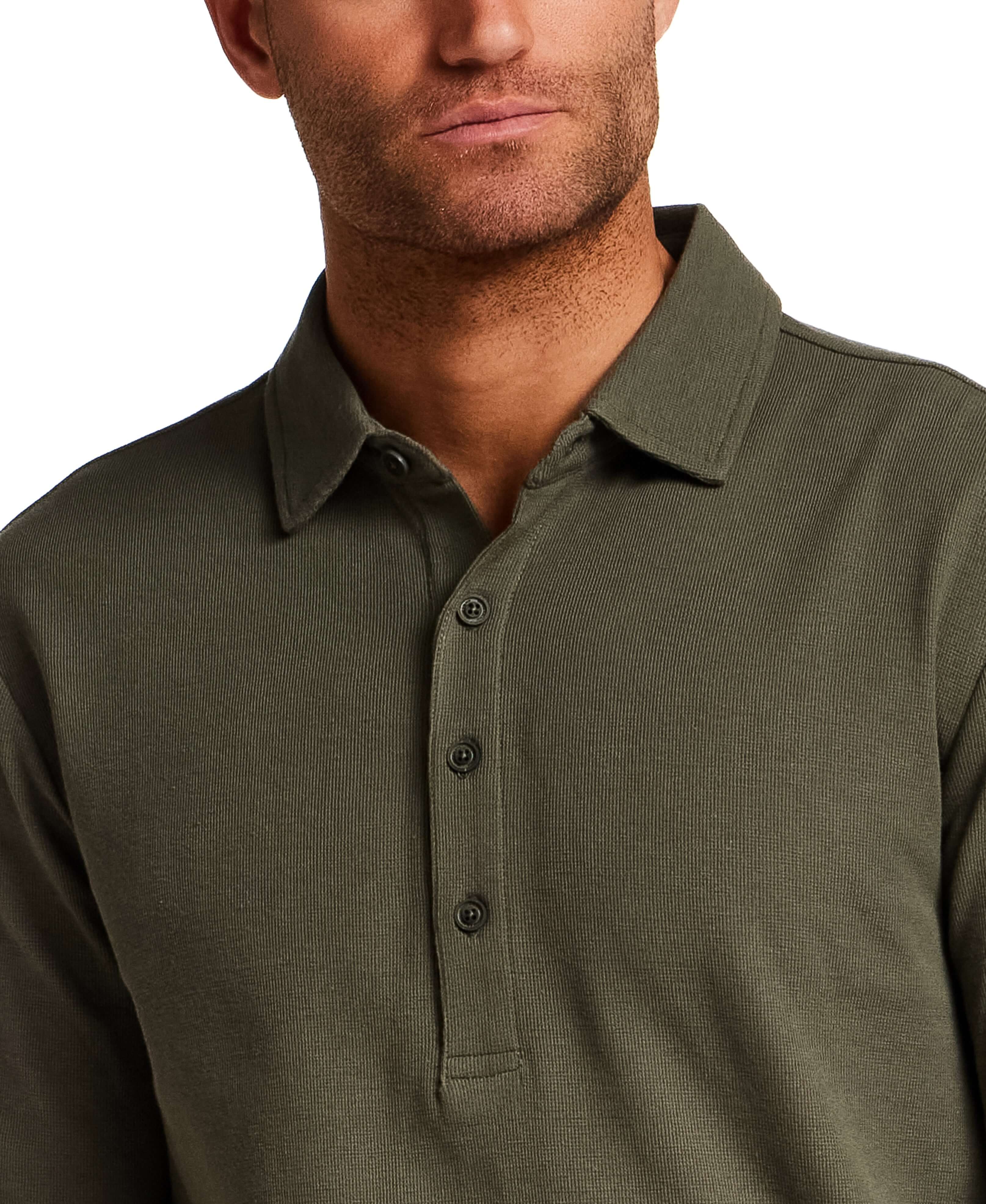 Long Sleeve Mini Waffle Polo in Olive - Image 4