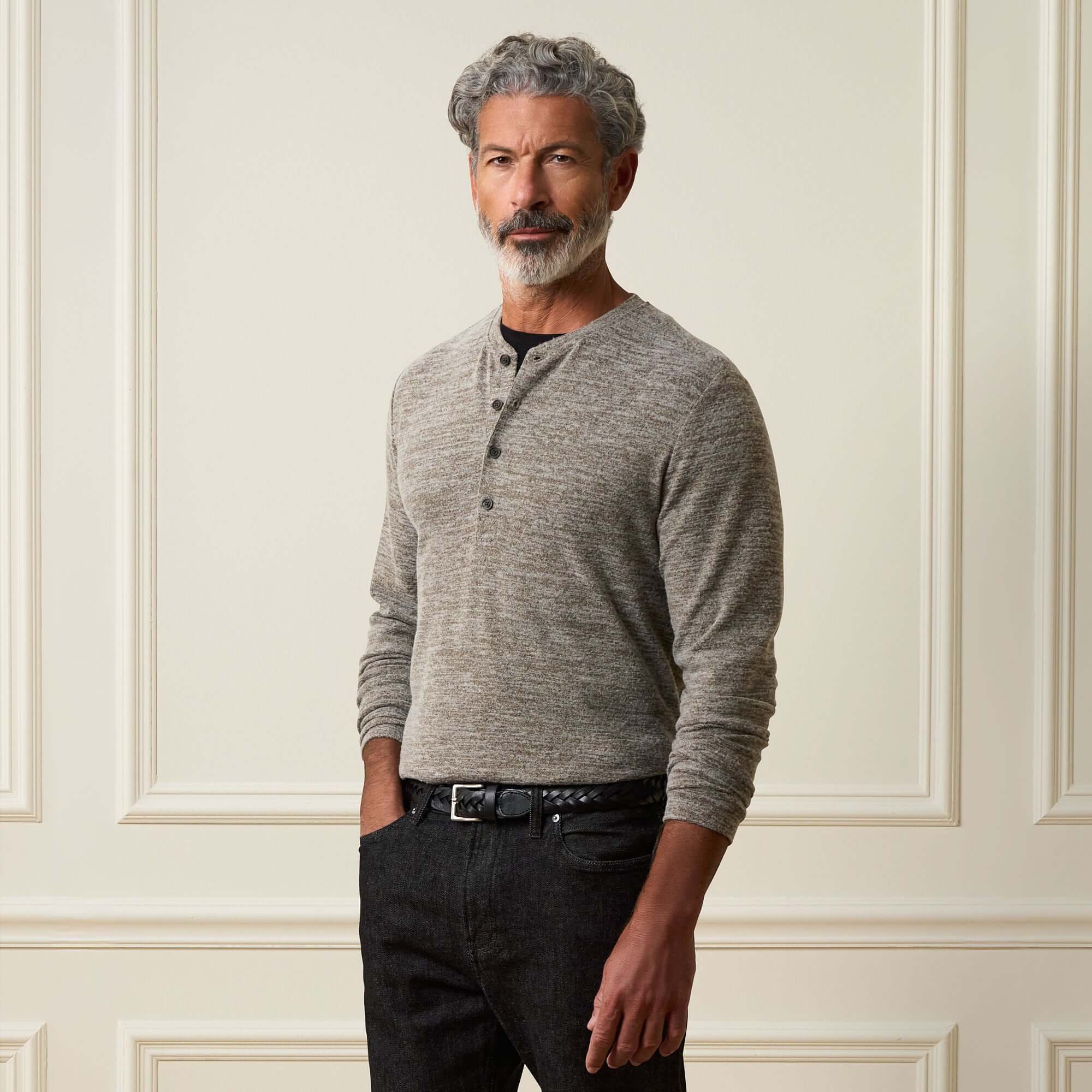 Long Sleeve Mixy Henley in Dark Brown - Image 2