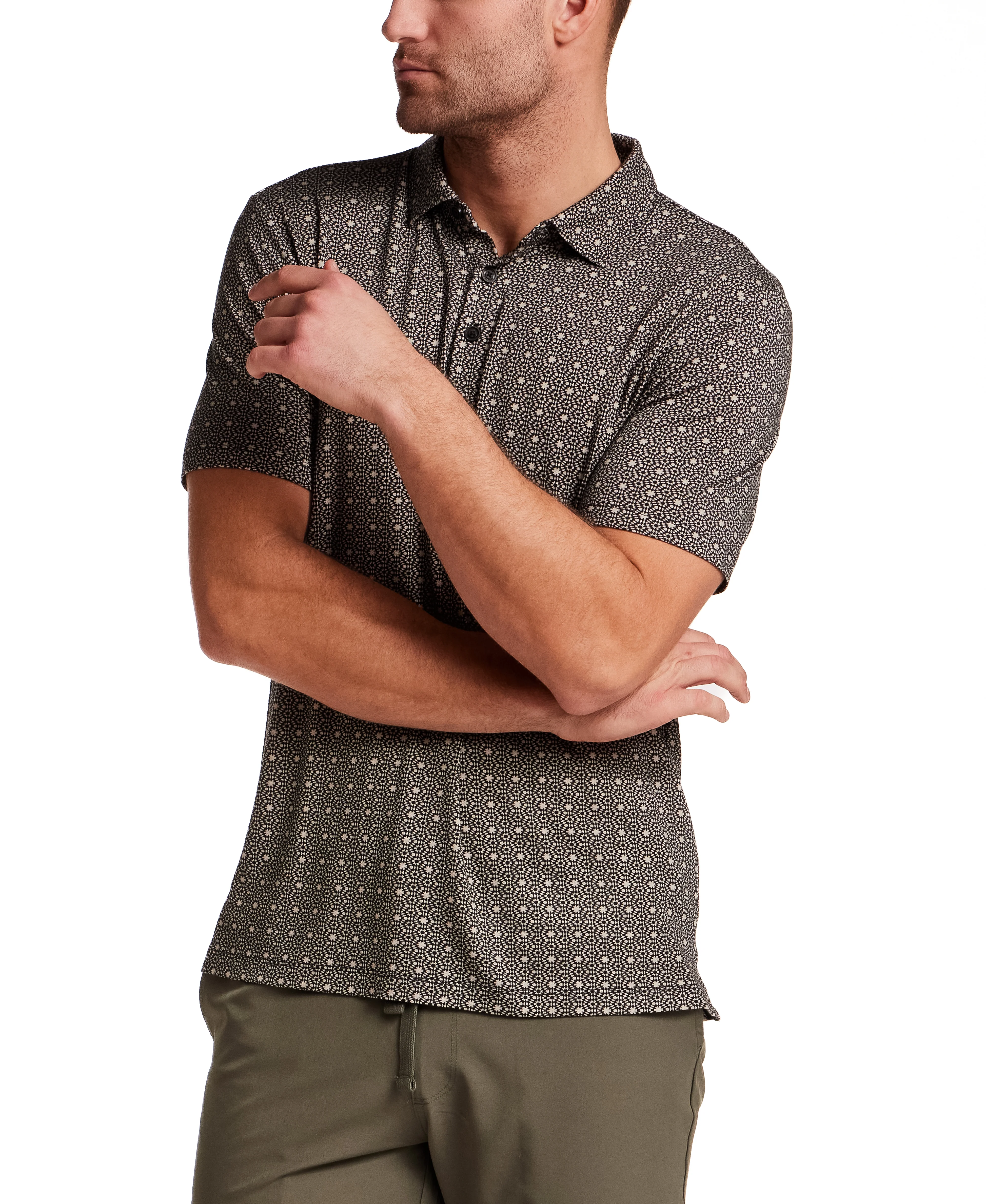 Printed Short Sleeve Polo in Black - Image 3