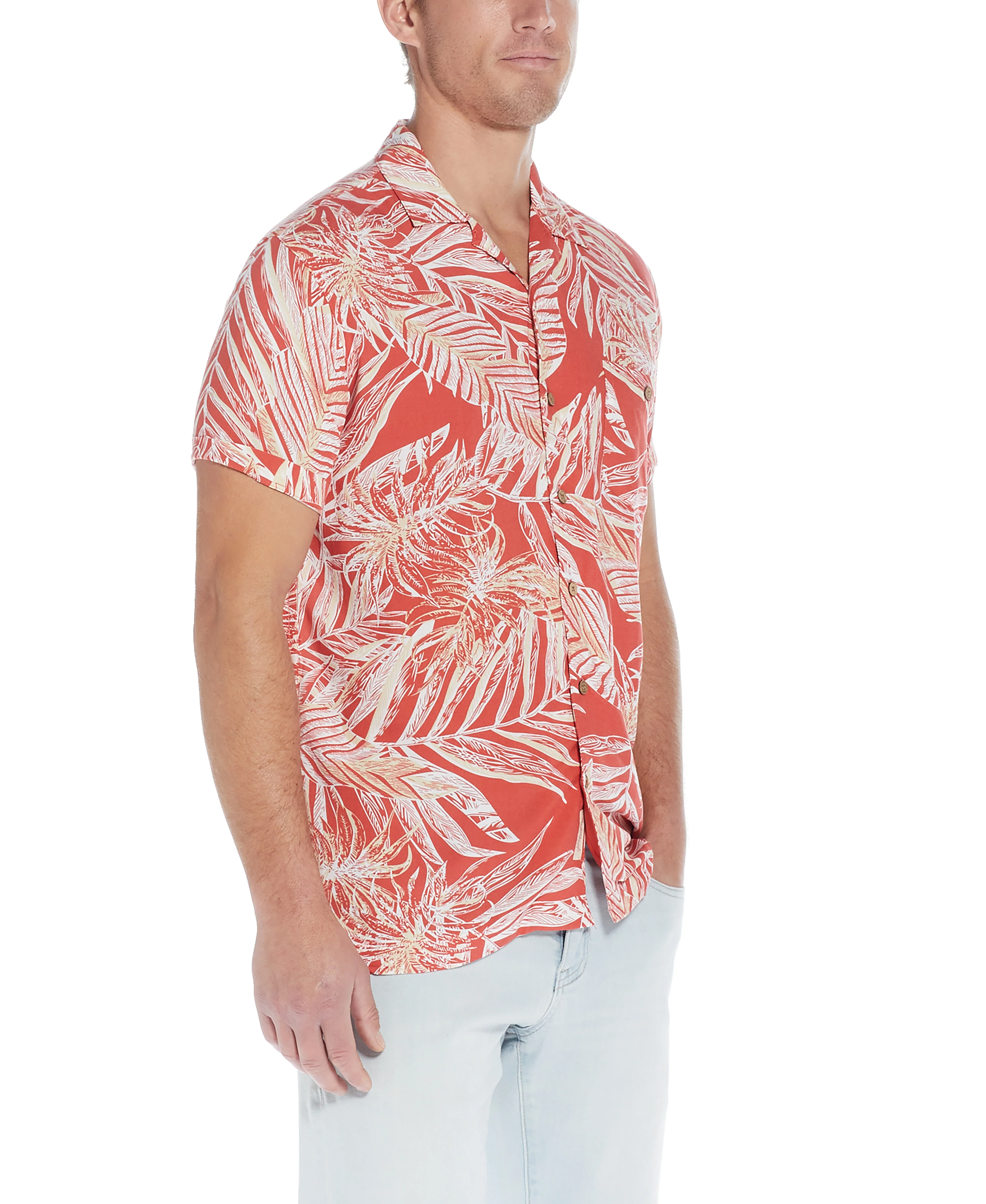 Short Sleeve Rayon Printed Camp Shirt In Orange - Image 3