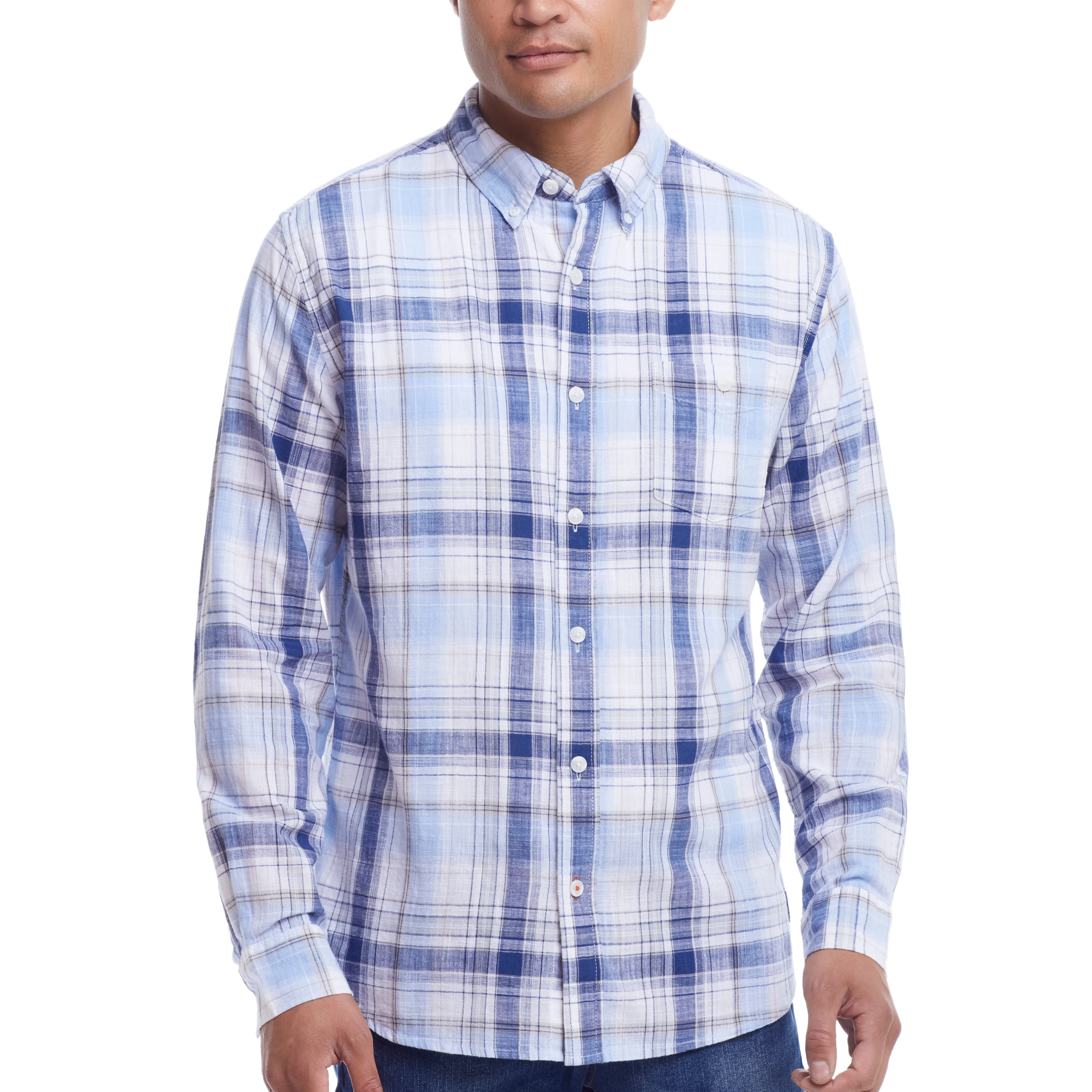 Long Sleeve "Faux Linen" Plaid Button Down in Ice Water