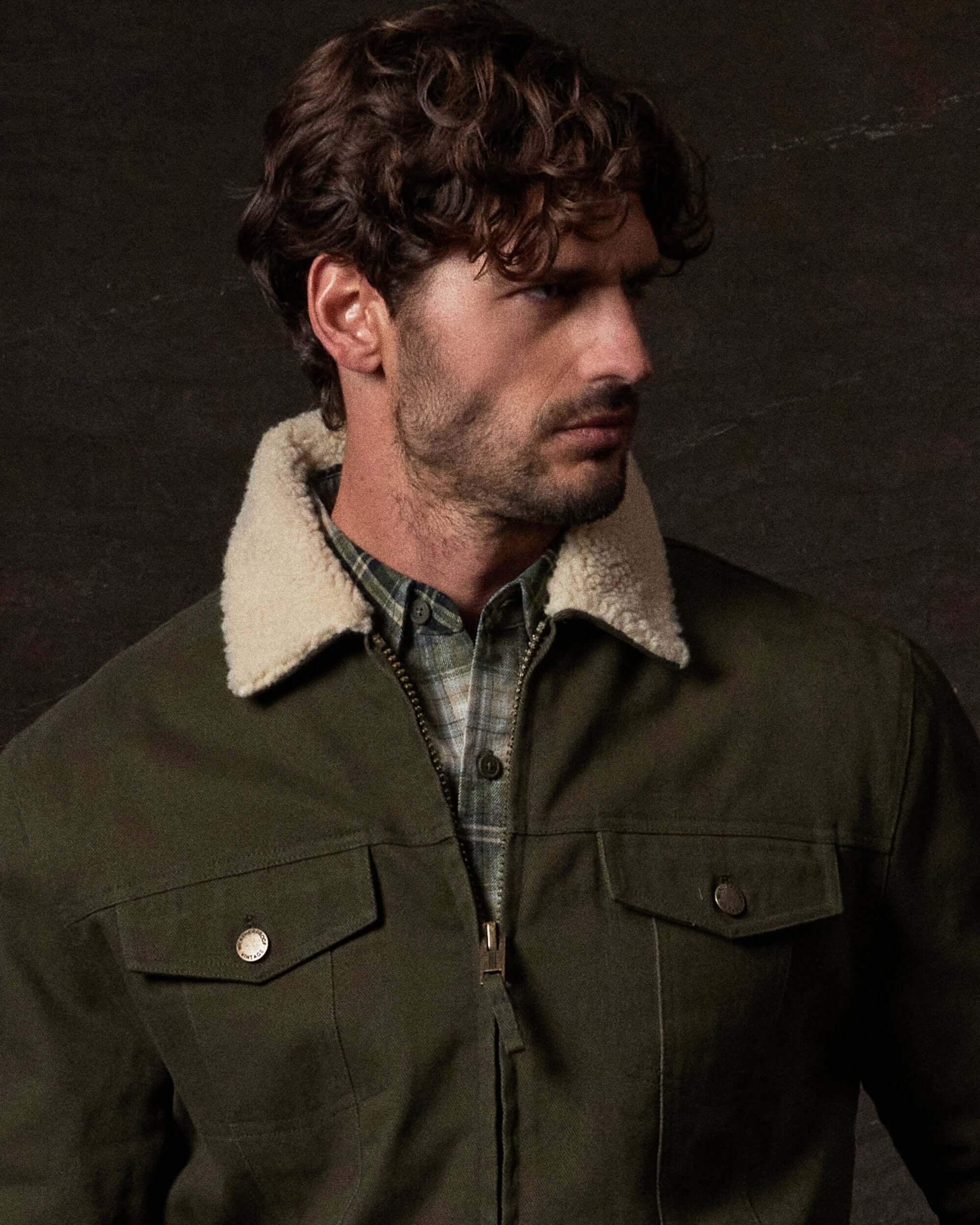 Sherpa Lined Canvas Twill Trucker in Dark Olive - Image 3