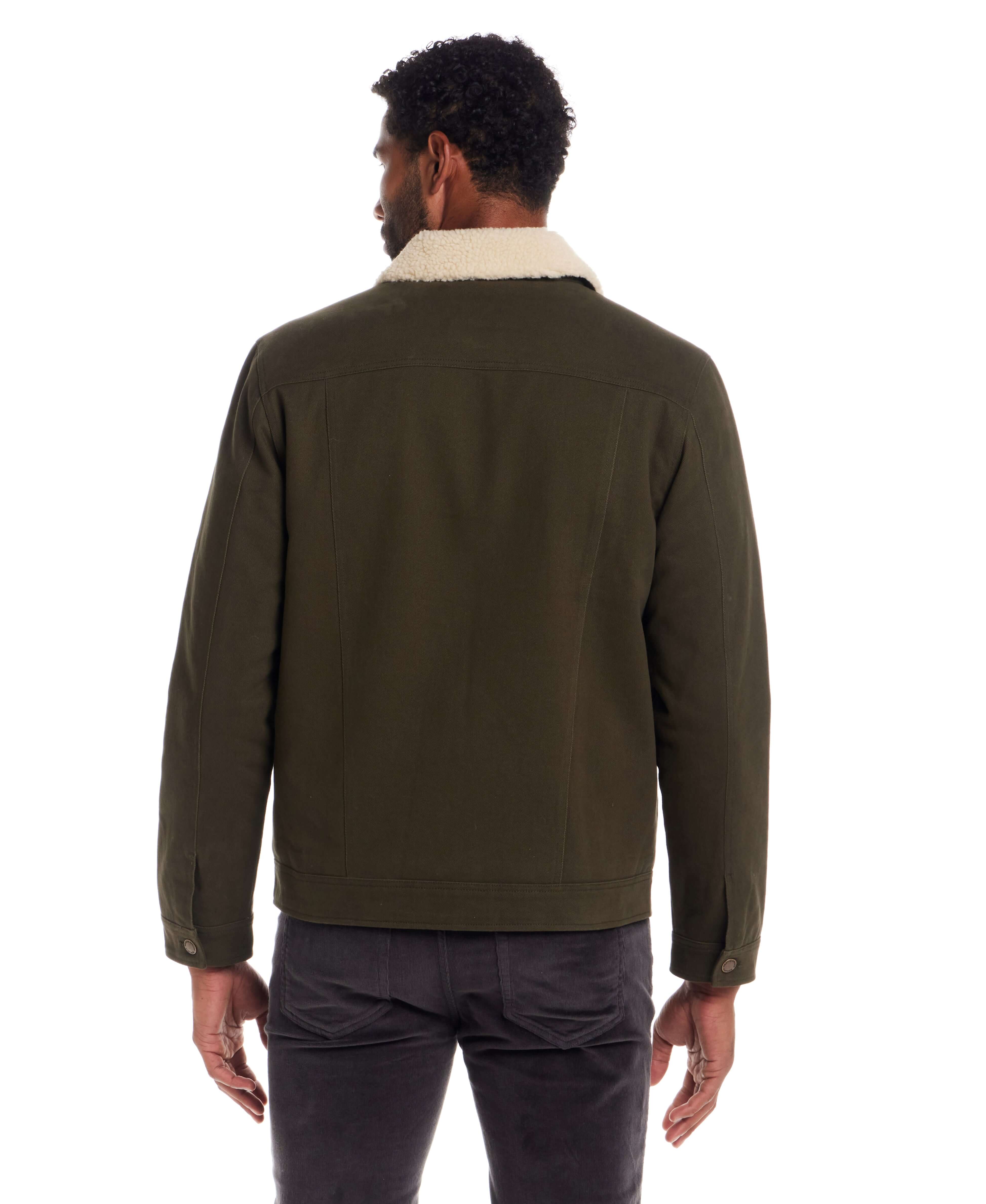 Sherpa Lined Canvas Twill Trucker in Dark Olive - Image 4