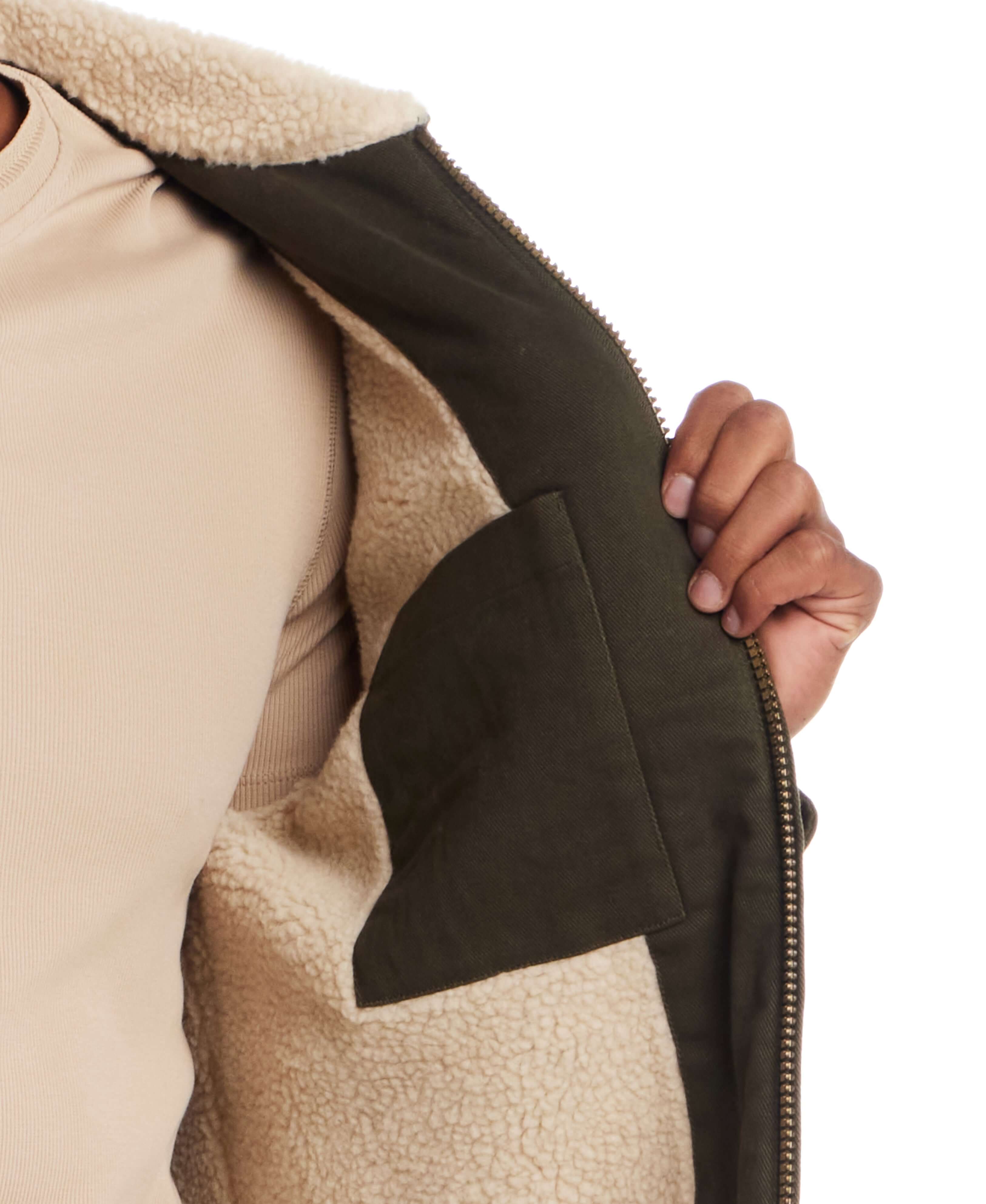 Sherpa Lined Canvas Twill Trucker in Dark Olive - Image 5