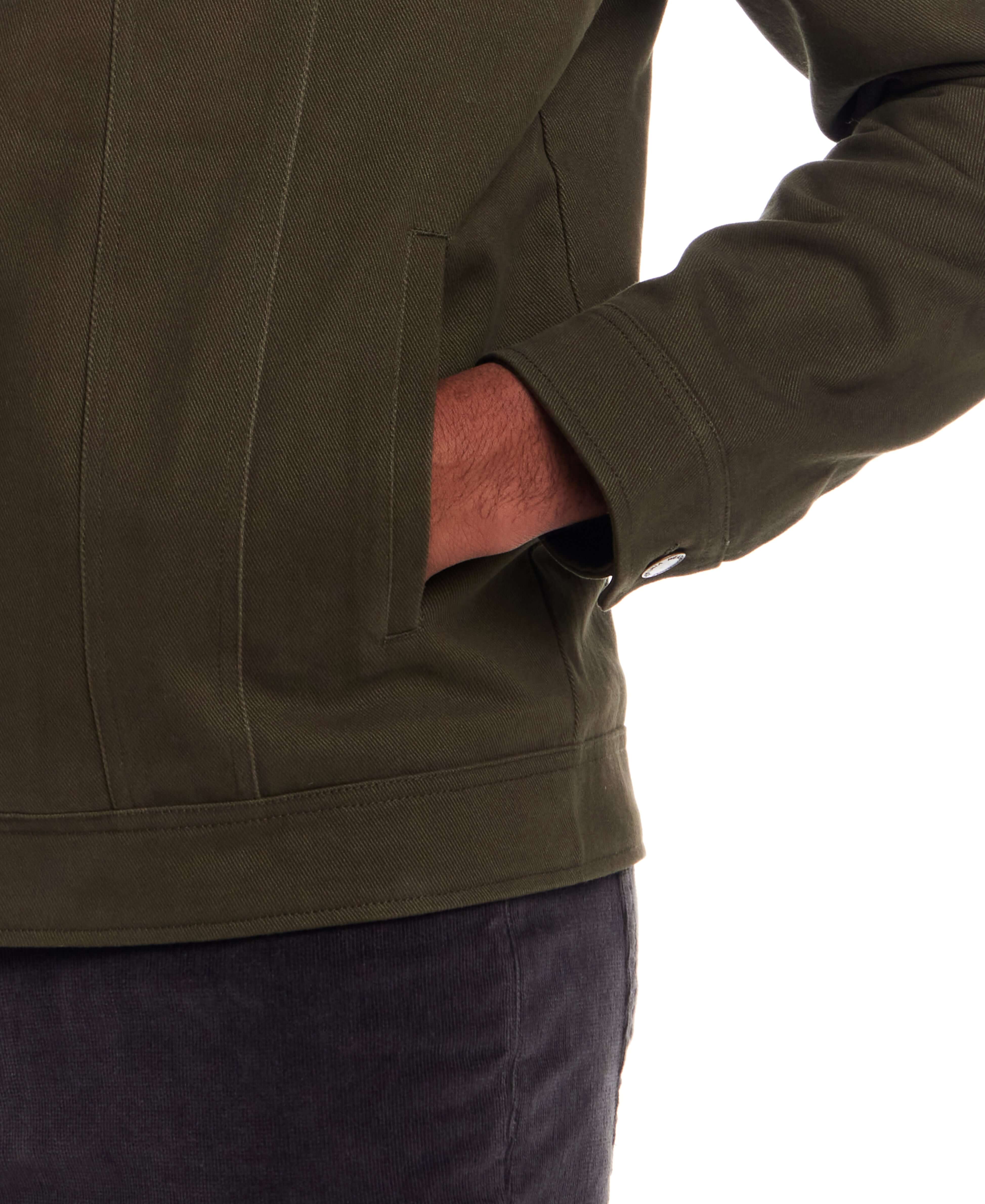 Sherpa Lined Canvas Twill Trucker in Dark Olive - Image 6