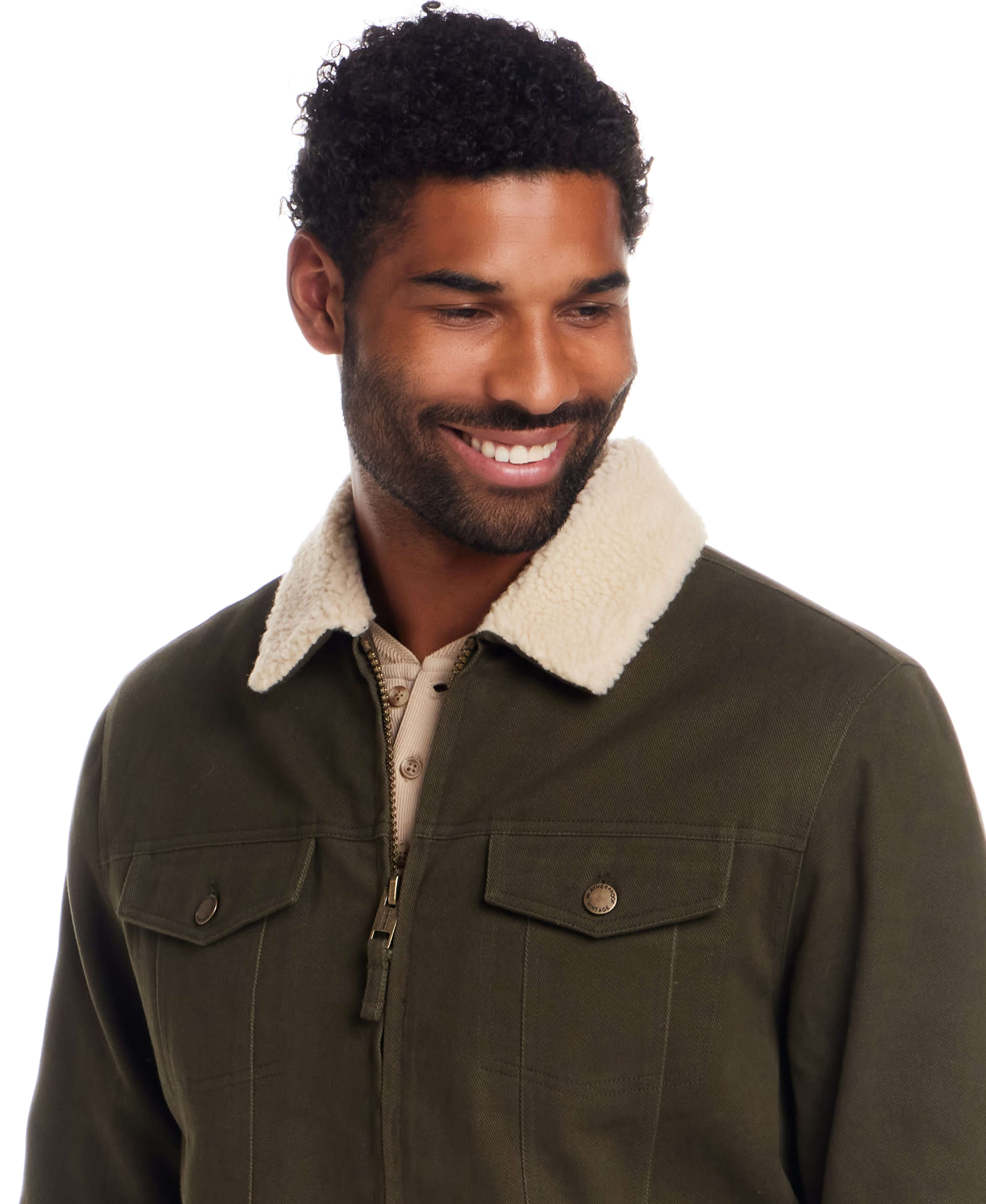 Sherpa Lined Canvas Twill Trucker in Dark Olive - Image 7