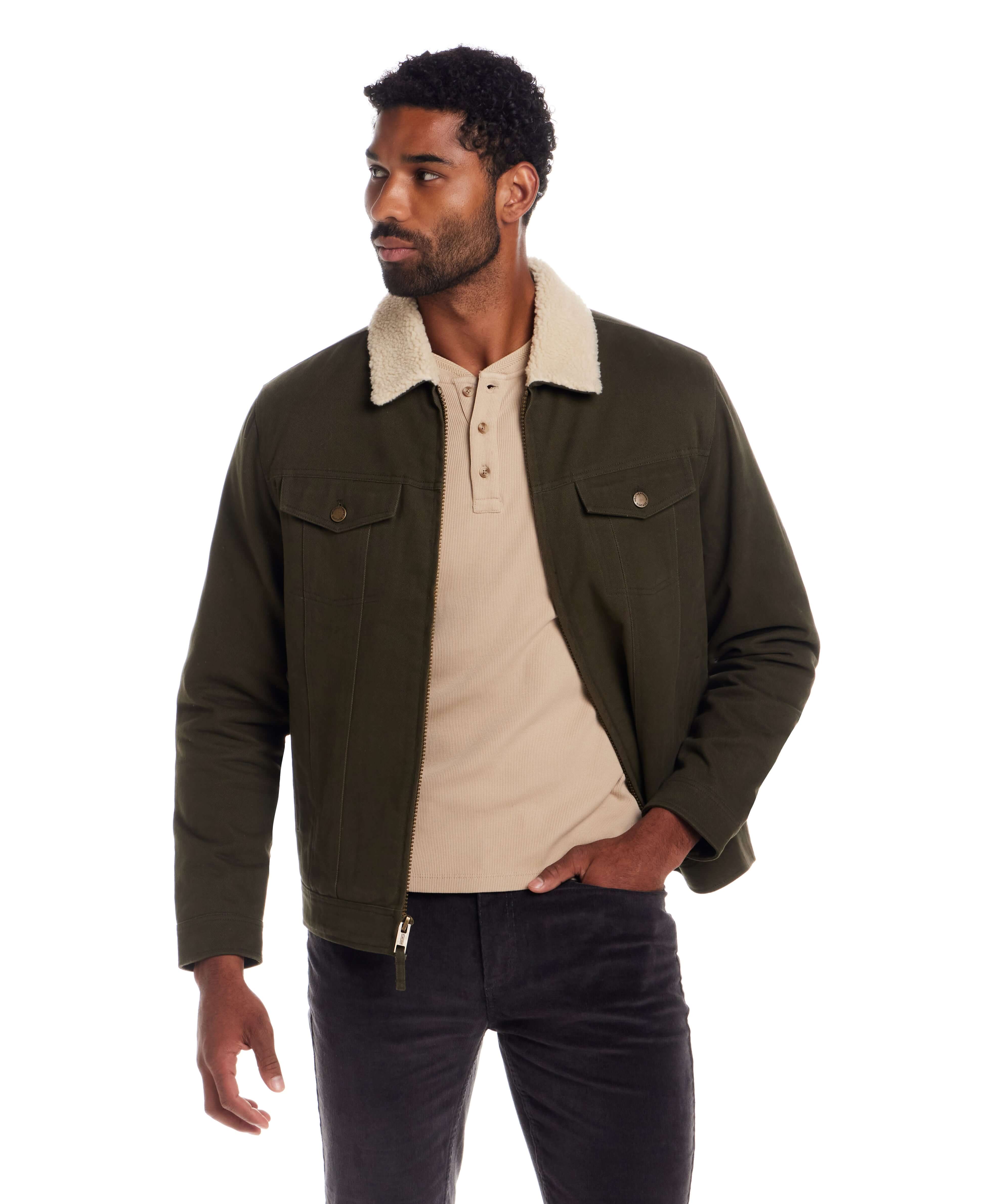 Sherpa Lined Canvas Twill Trucker in Dark Olive - Image 8