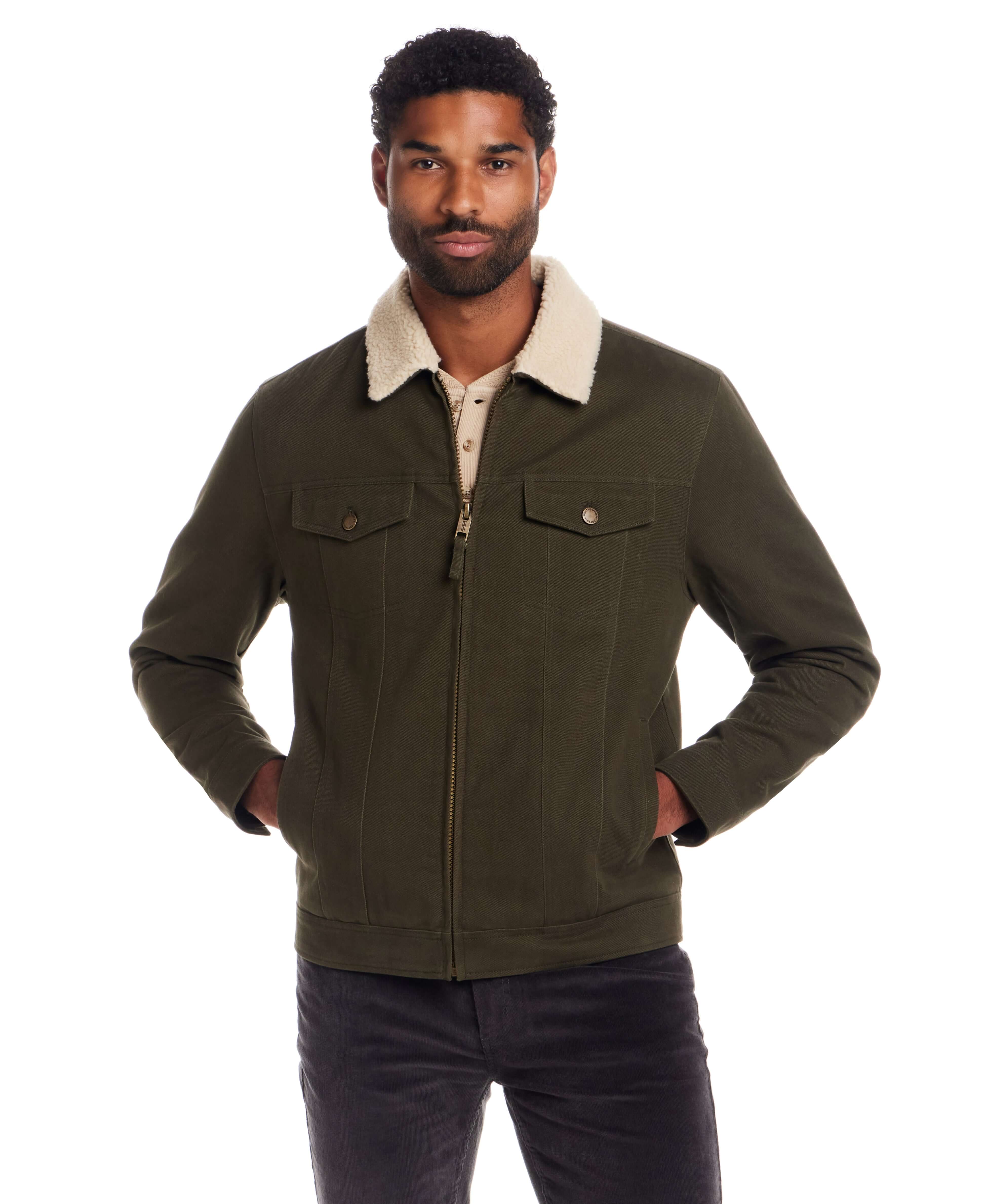 Sherpa Lined Canvas Twill Trucker in Dark Olive - Image 9