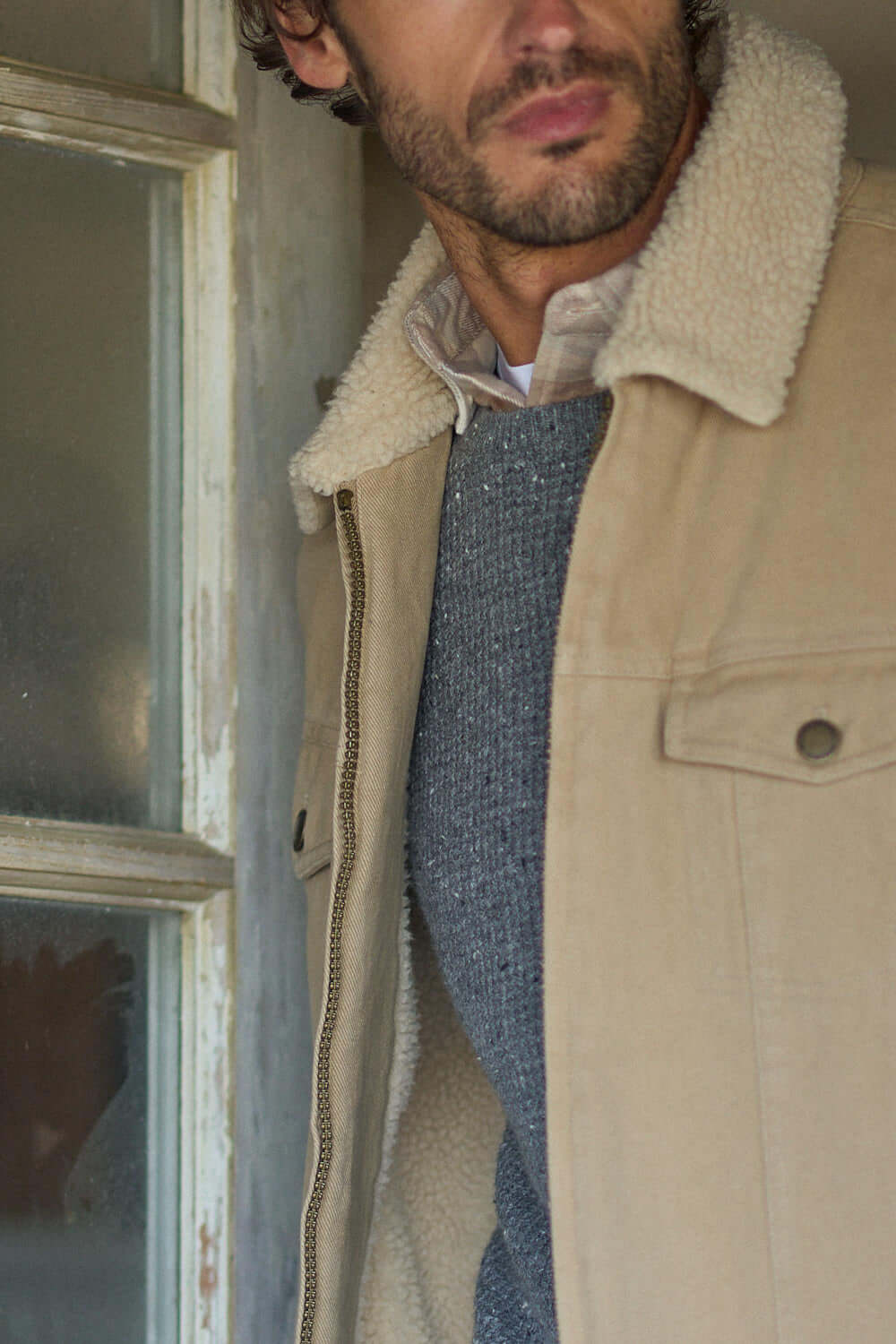 Sherpa Lined Canvas Twill Trucker in White Pepper - Image 3