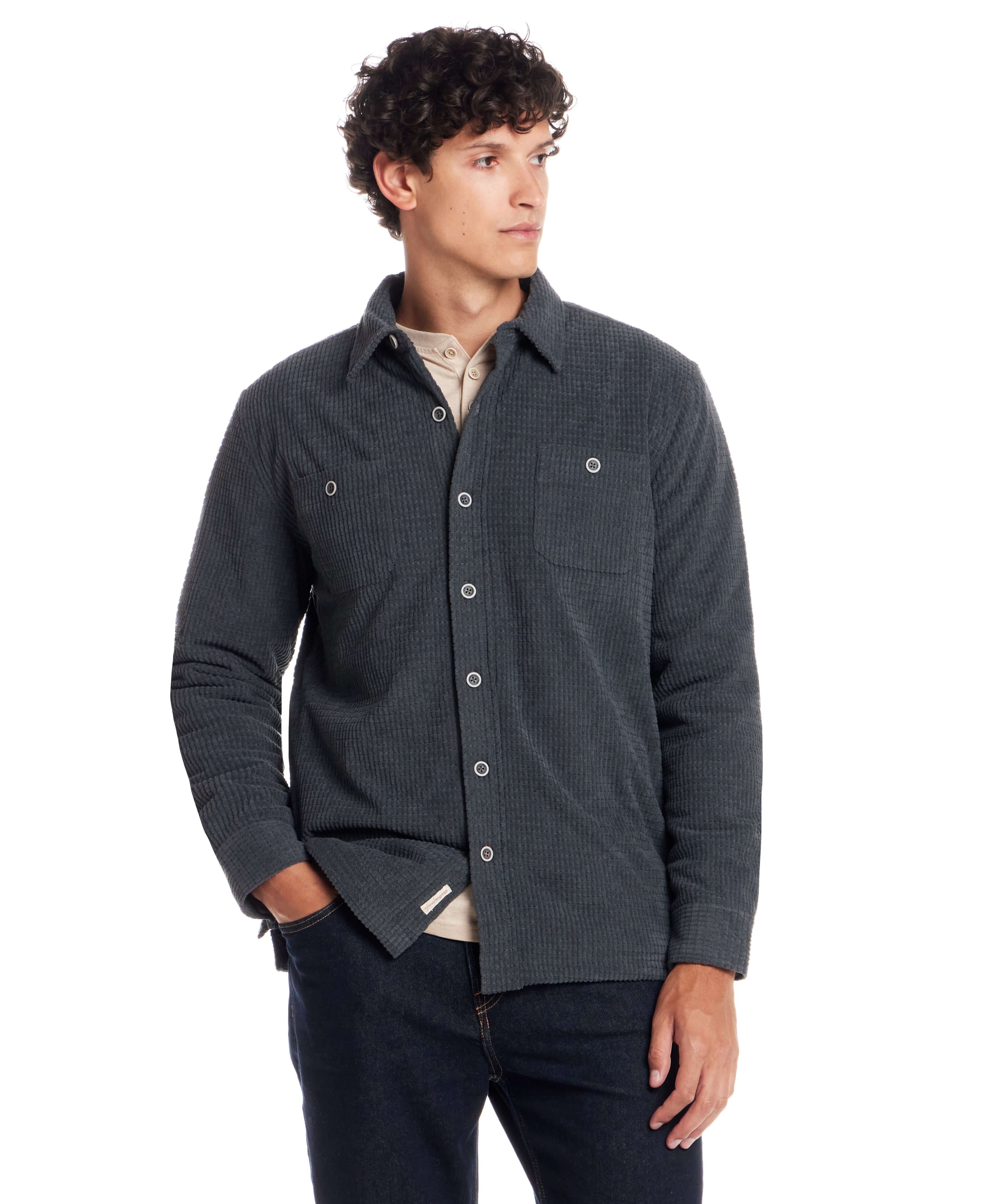 Sherpa Lined Grid Shirt Jacket in Slate - Image 6
