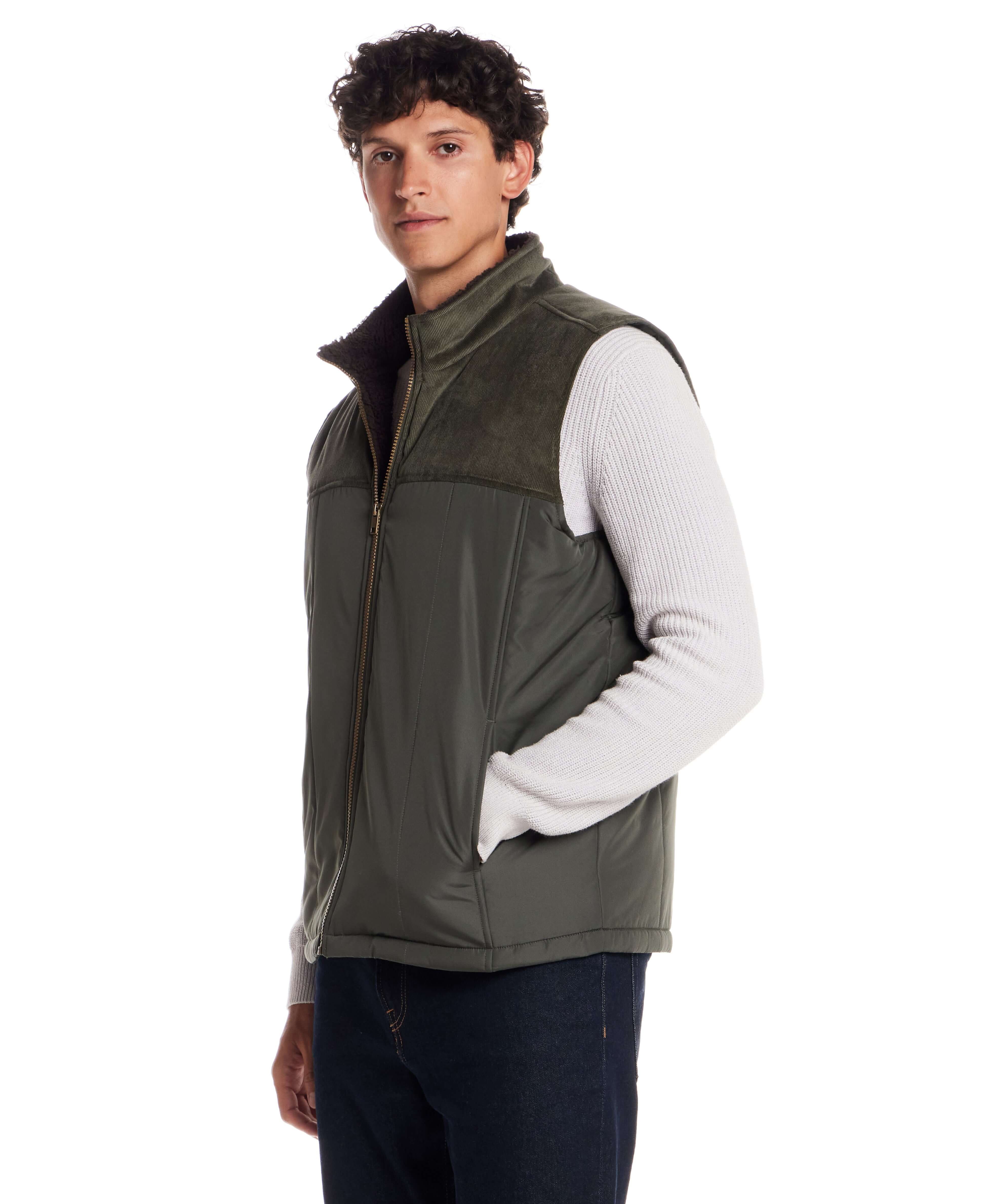 Sherpa Lined Mixed Media Puffer Vest in Kambaba Olive - Image 3