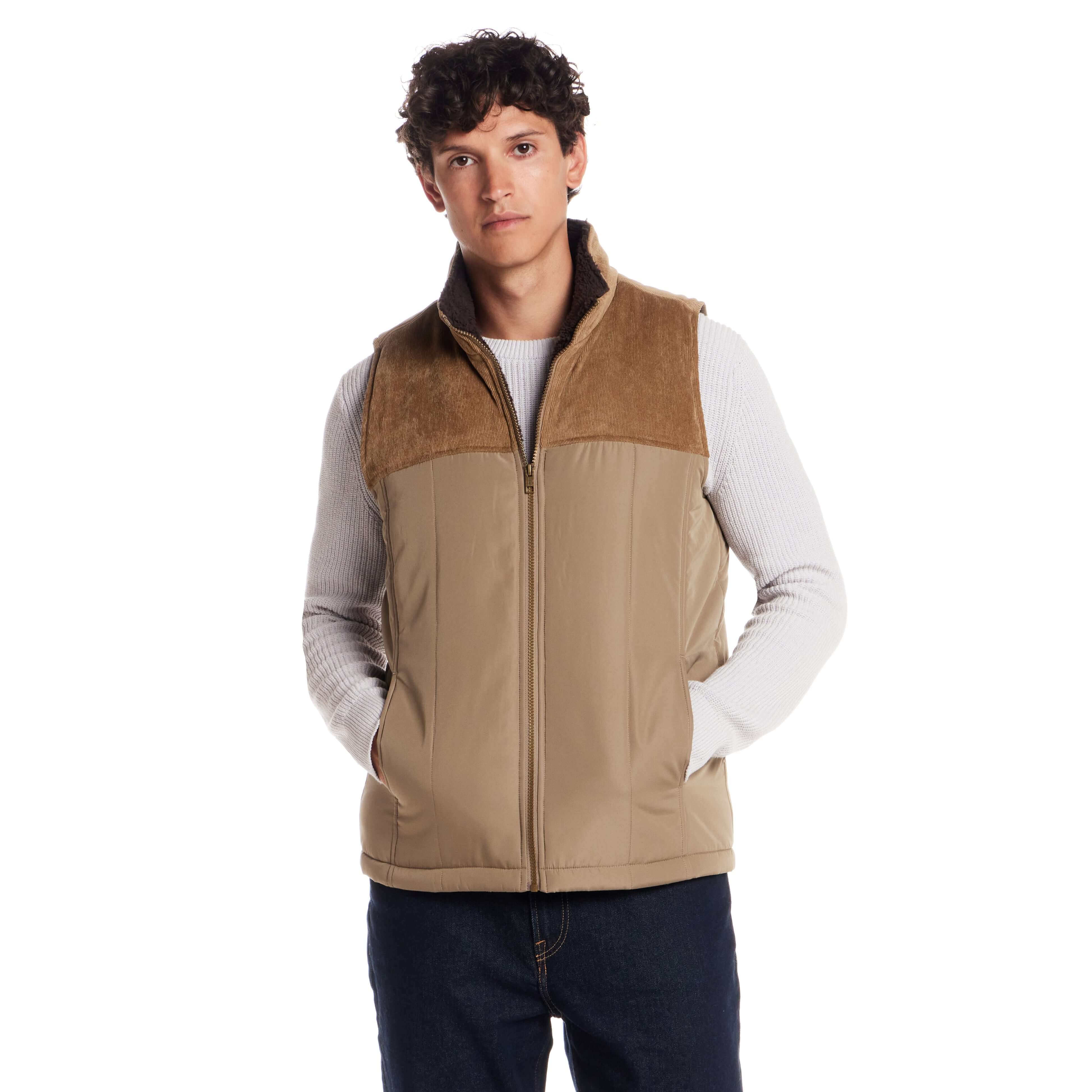 Sherpa Lined Mixed Media Puffer Vest in Kangaroo - Image 3
