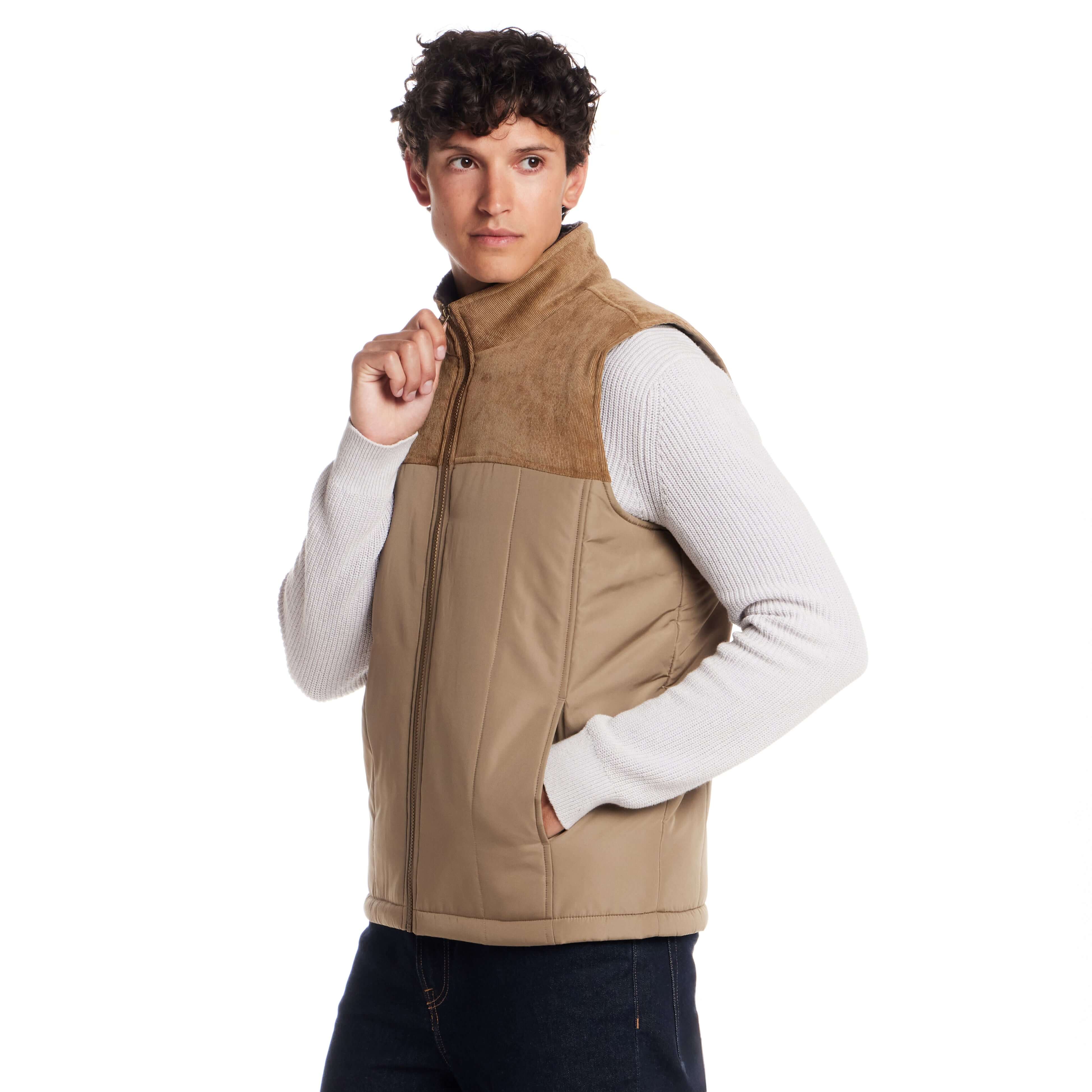 Sherpa Lined Mixed Media Puffer Vest in Kangaroo - Image 4