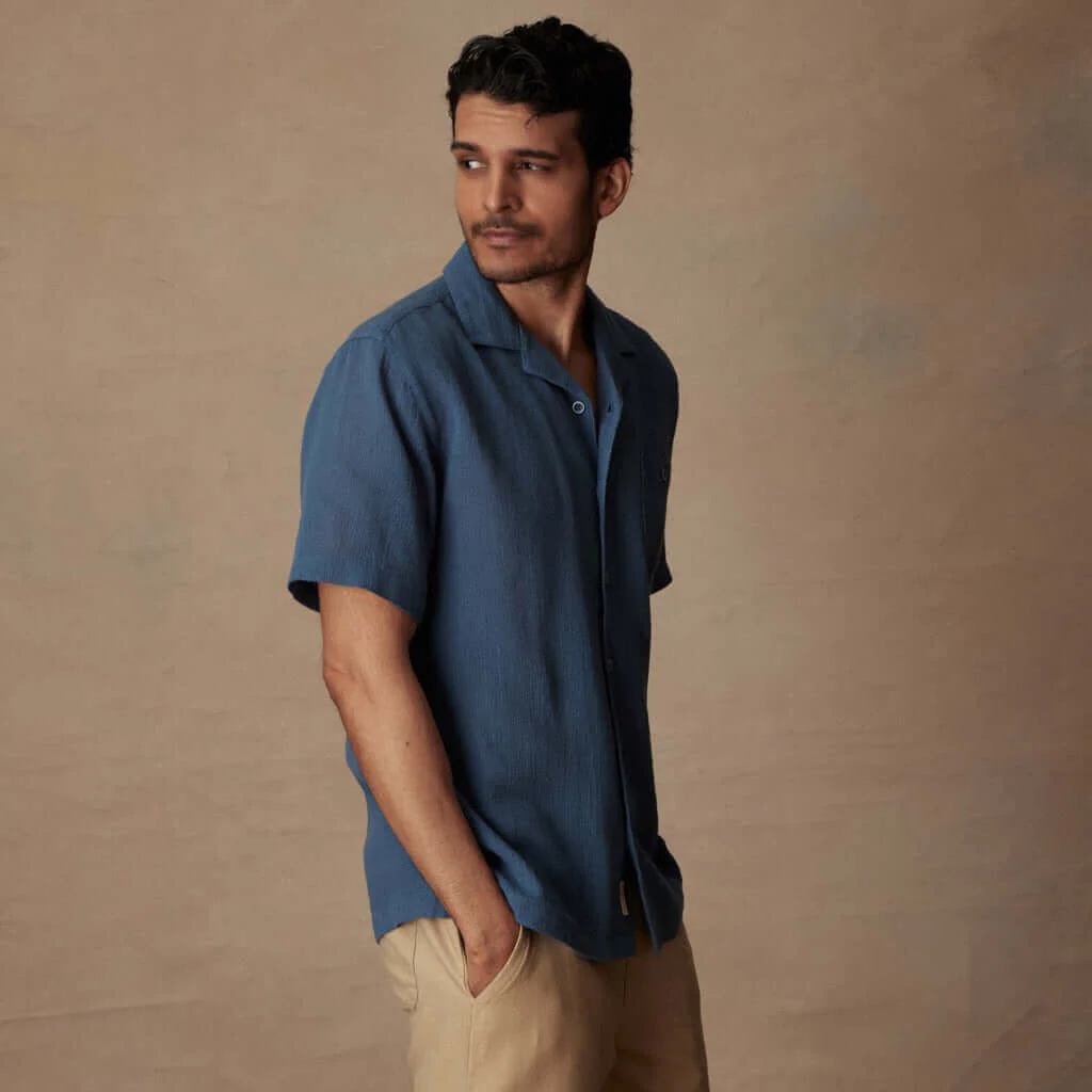 Short Sleeve Cotton Linen Airtex Shirt in Blue Ashes - Image 3