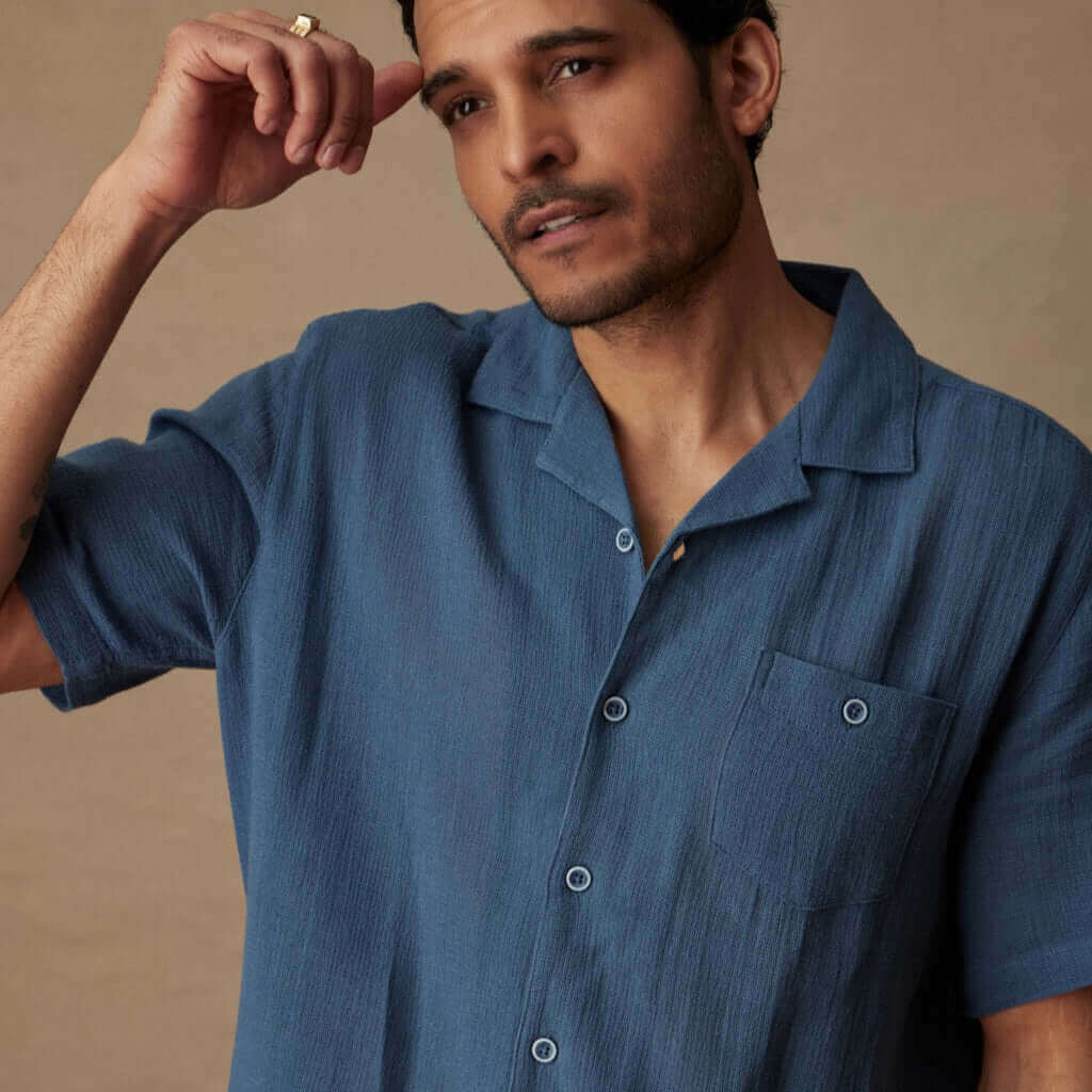 Short Sleeve Cotton Linen Airtex Shirt in Blue Ashes - Image 4