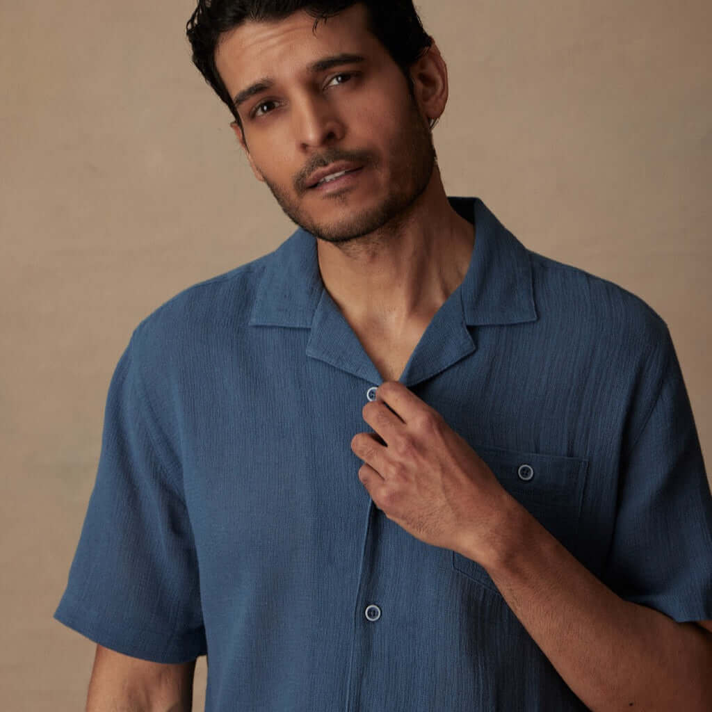 Short Sleeve Cotton Linen Airtex Shirt in Blue Ashes - Image 5
