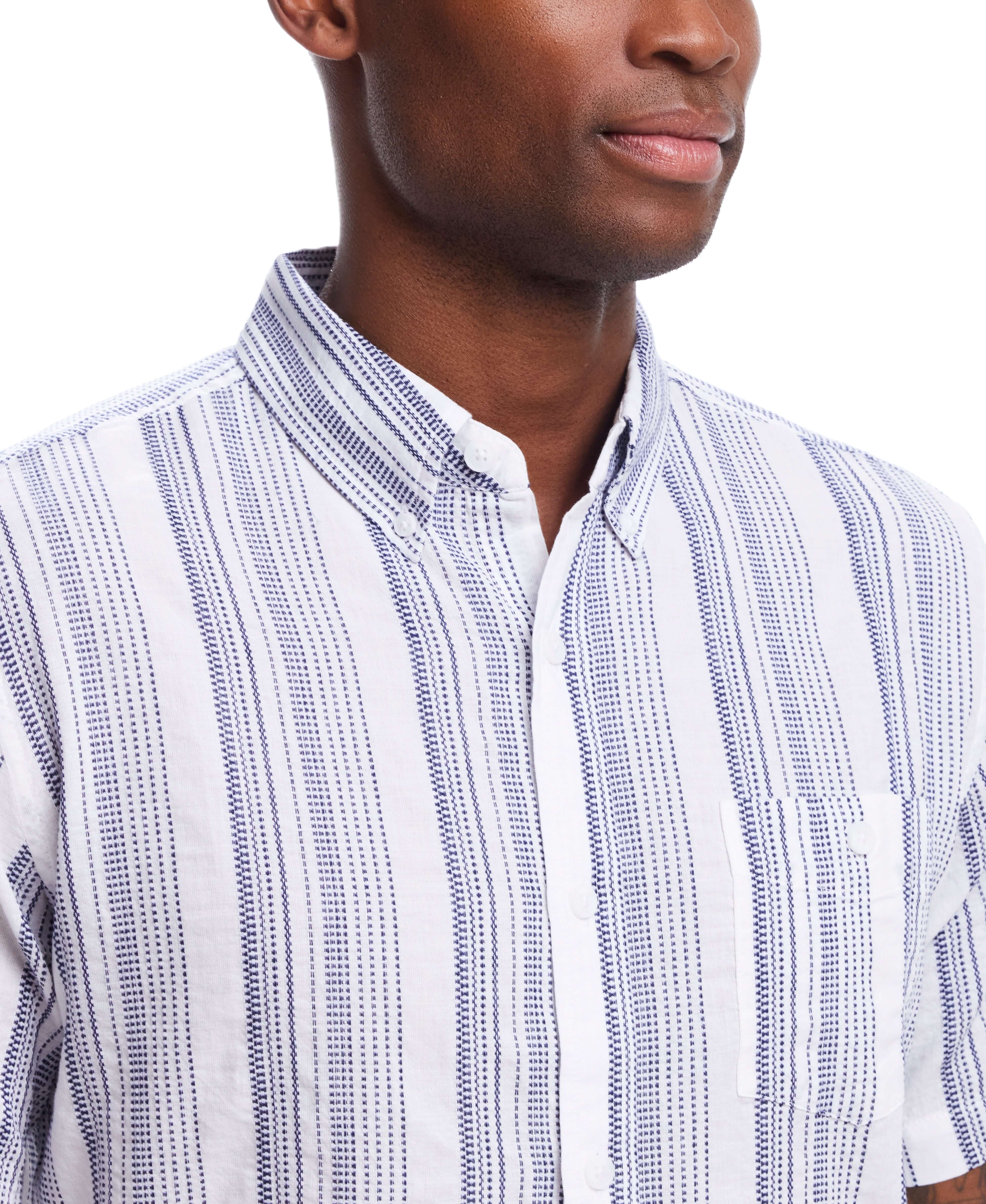 Short Sleeve Cotton Shirt With Ticking Stripe In Cloud - Image 3