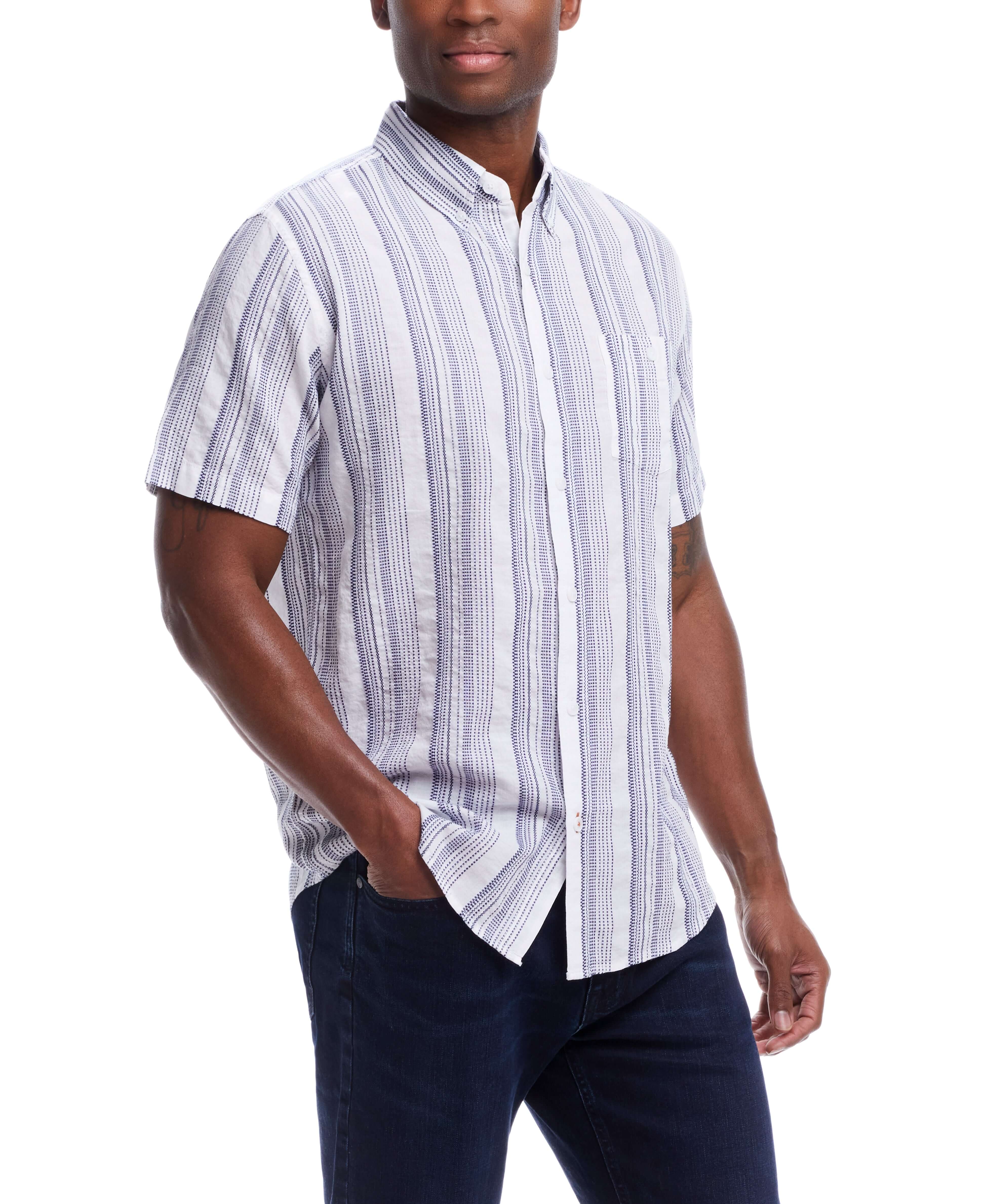 Short Sleeve Cotton Shirt With Ticking Stripe In Cloud - Image 4