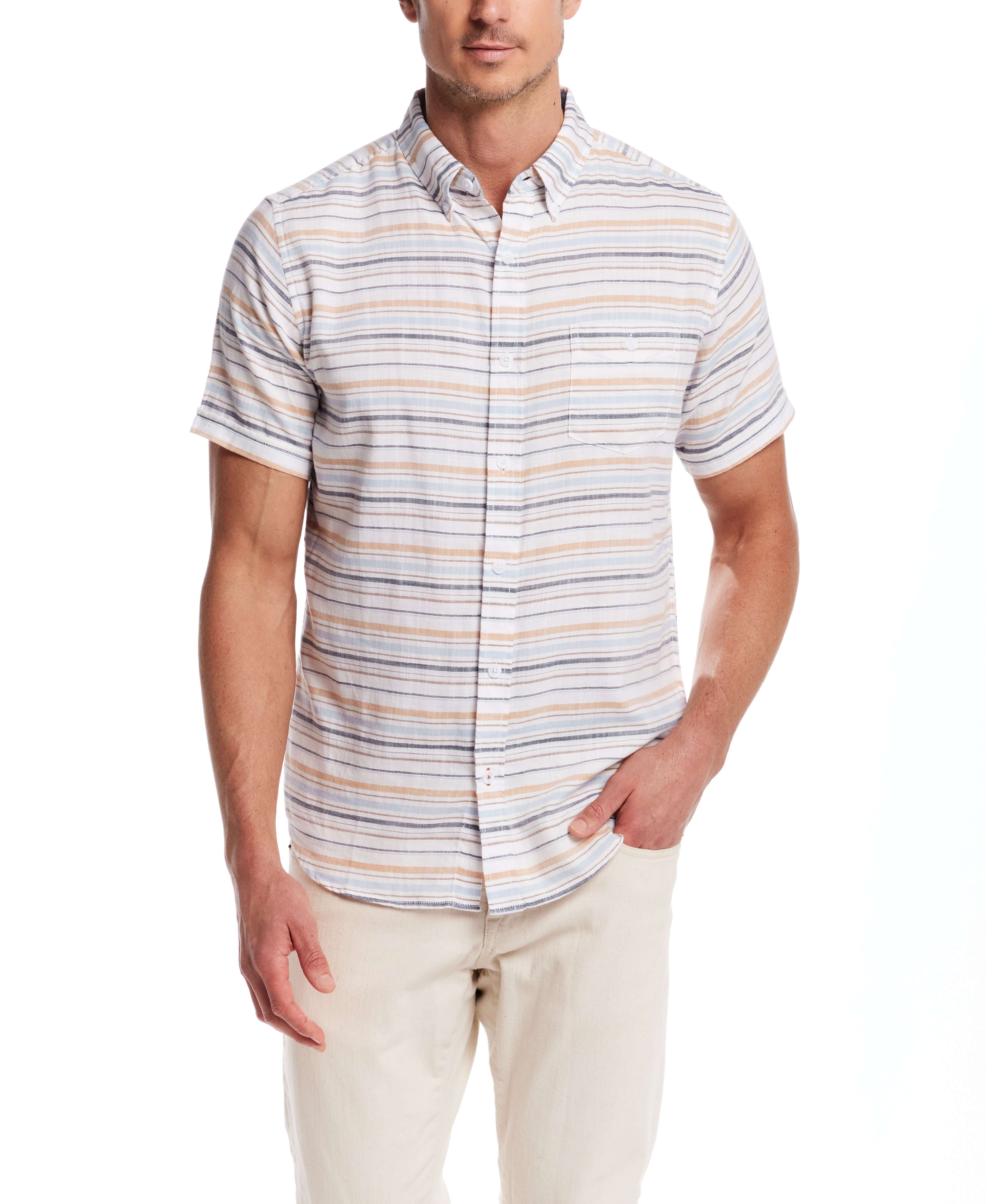 Short Sleeve Country Twill Stripe Shirt in White Sand - Image 3