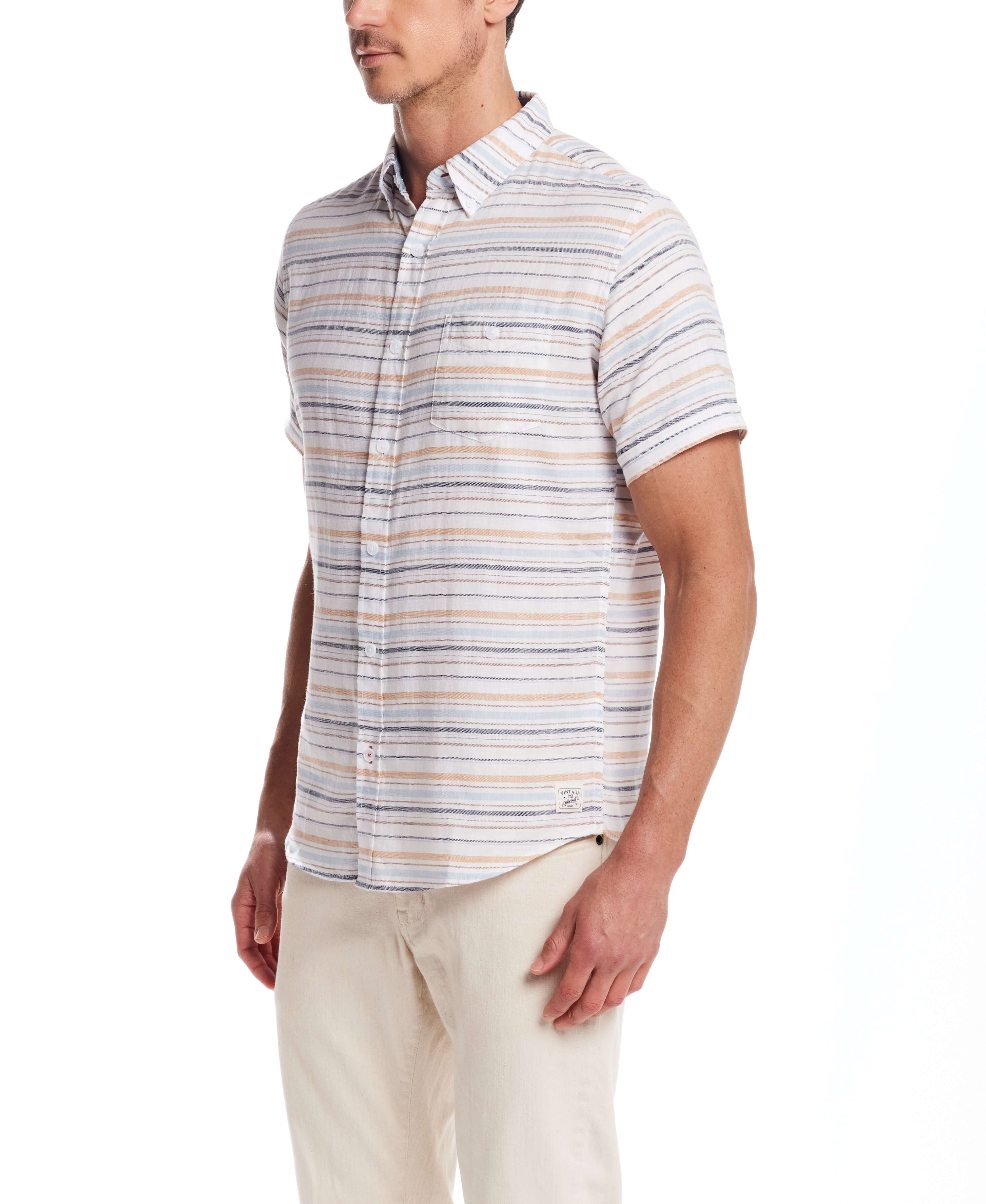 Short Sleeve Country Twill Stripe Shirt in White Sand - Image 4