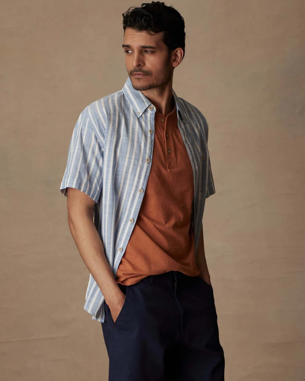 Short Sleeve "Faux Linen" Cotton Shirt in Vista Blue - Image 3